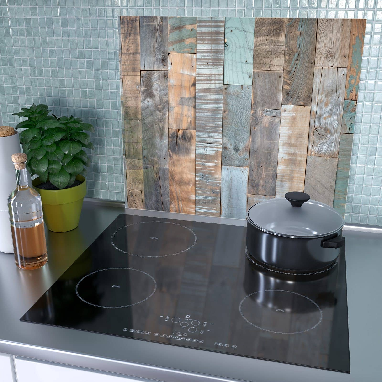 1-teilige Herdabdeckung mit Holzplanken Vintage-Motiv als Spritzschutz hinter dem Kochfeld