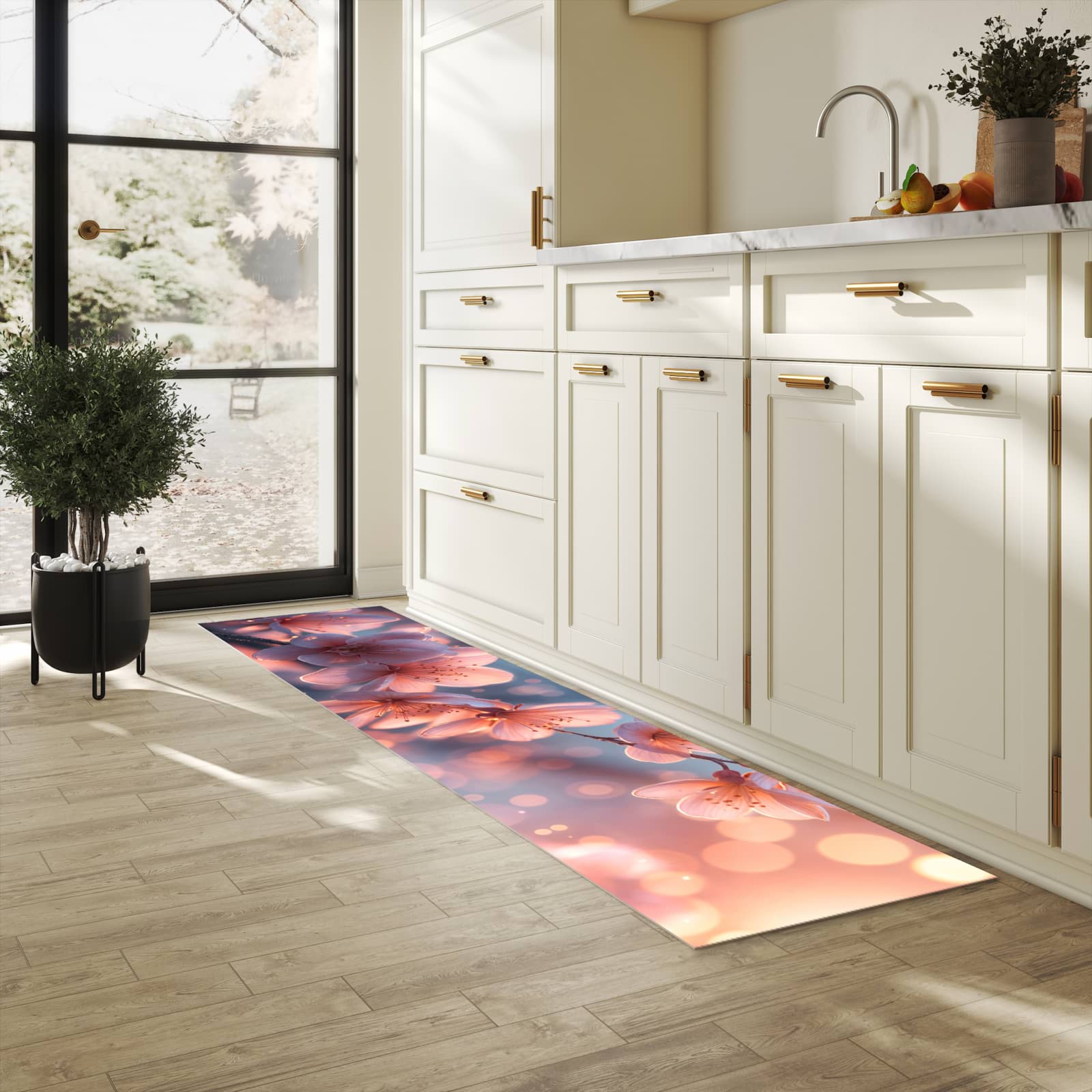 Rutschfester Küchenläufer mit Motiv Blühender Zweig für Trittkomfort in heller Küche