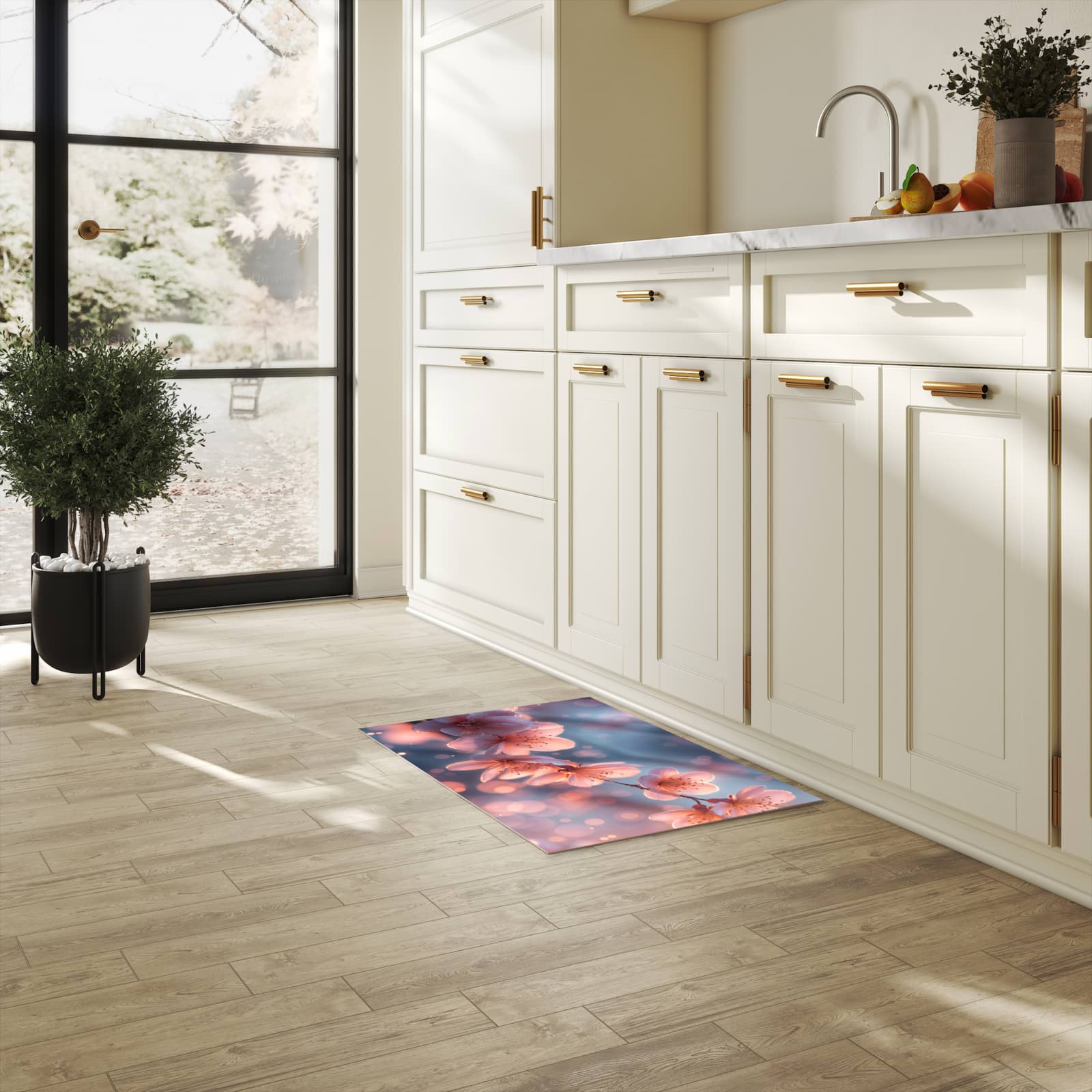 Fleckenresistenter rutschfester Küchenläufer mit Motiv Blühender Zweig in heller Küche