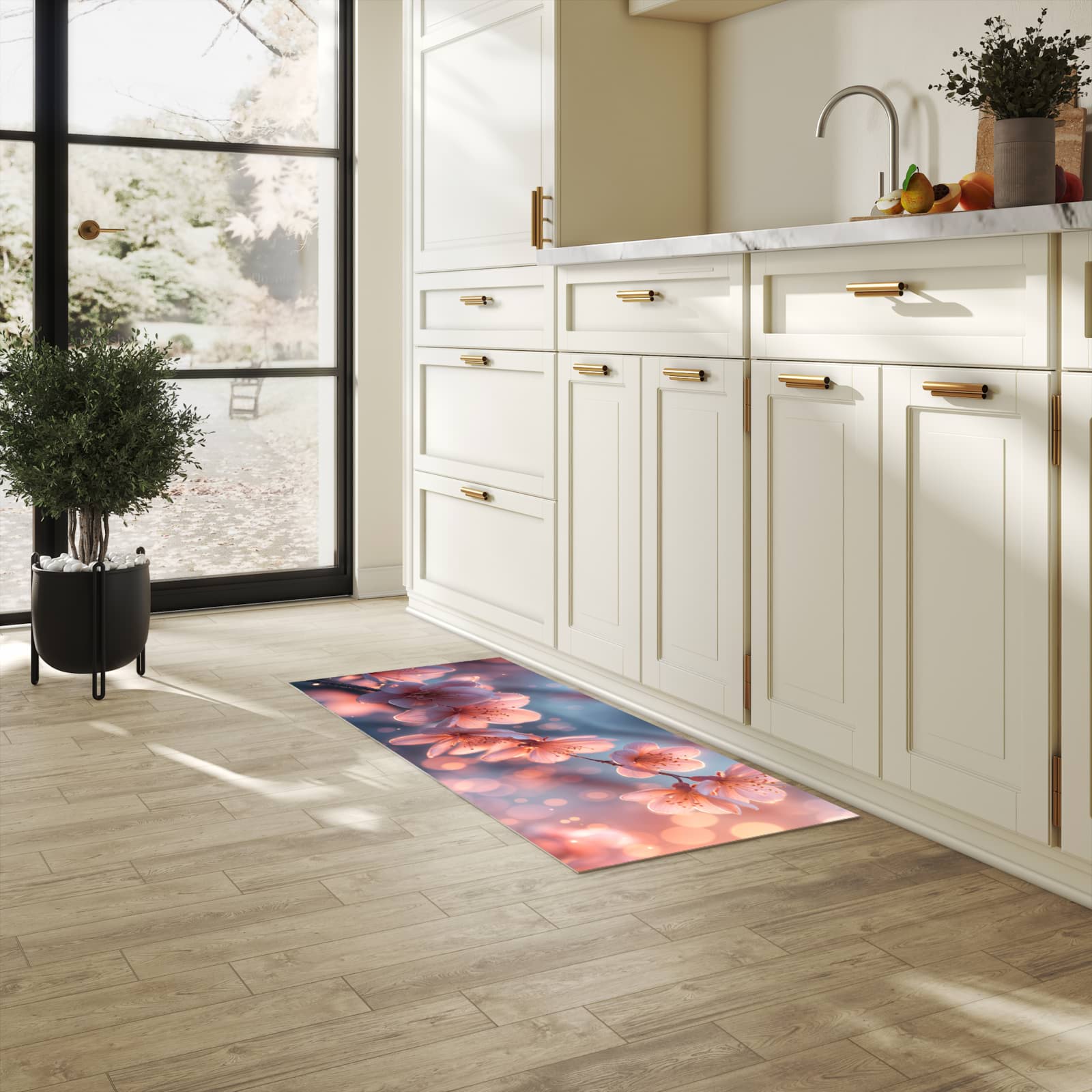 Geräuschdämpfender waschbarer Küchenläufer mit Motiv Blühender Zweig in heller Küche