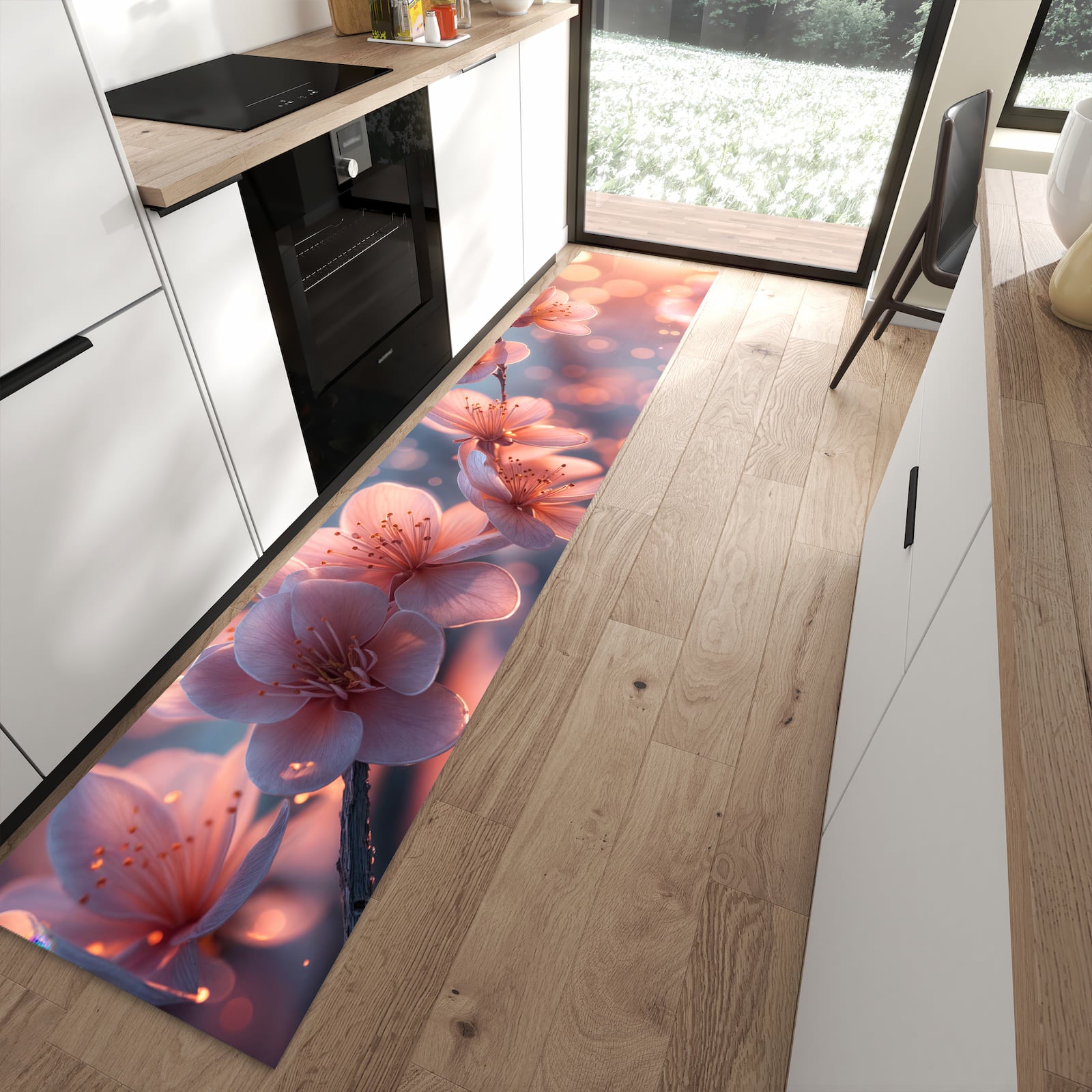 UV-beständiger Bodenläufer mit Motiv Blühender Zweig in moderner Küche