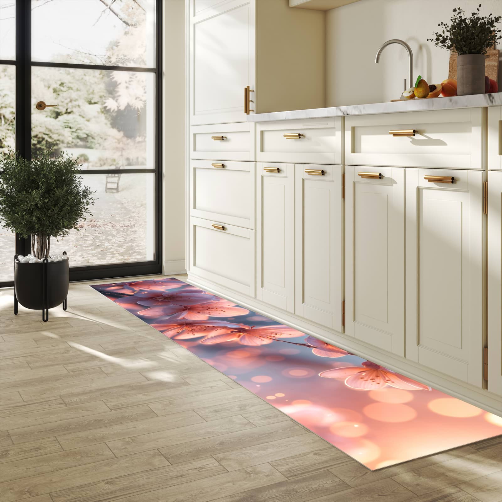 Wasserabweisender waschbarer Küchenläufer mit Motiv Blühender Zweig in heller Küche