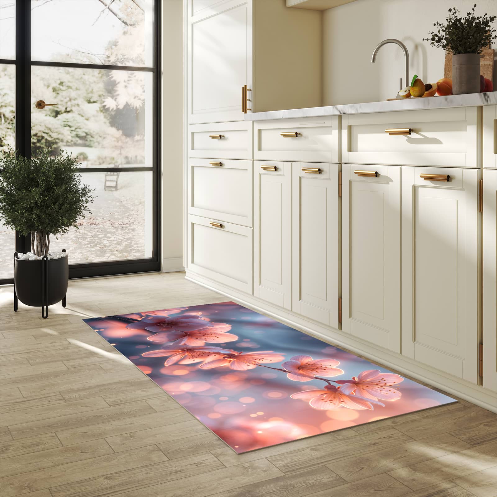 Pflegeleichter Küchenläufer mit Motiv Blühender Zweig in heller Küche