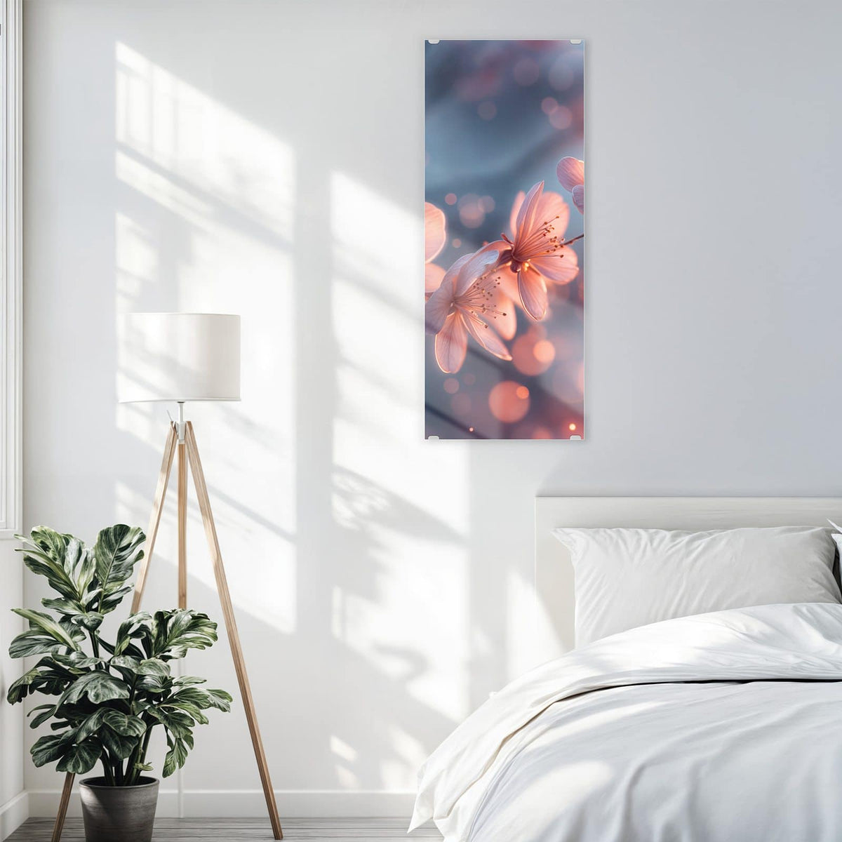 Glasbild Kirschblüten im Licht an der Wand – Rosa leuchtende Kirschblüten an einem Zweig vor blaugrauem Grund mit warmen Lichtpunkten.