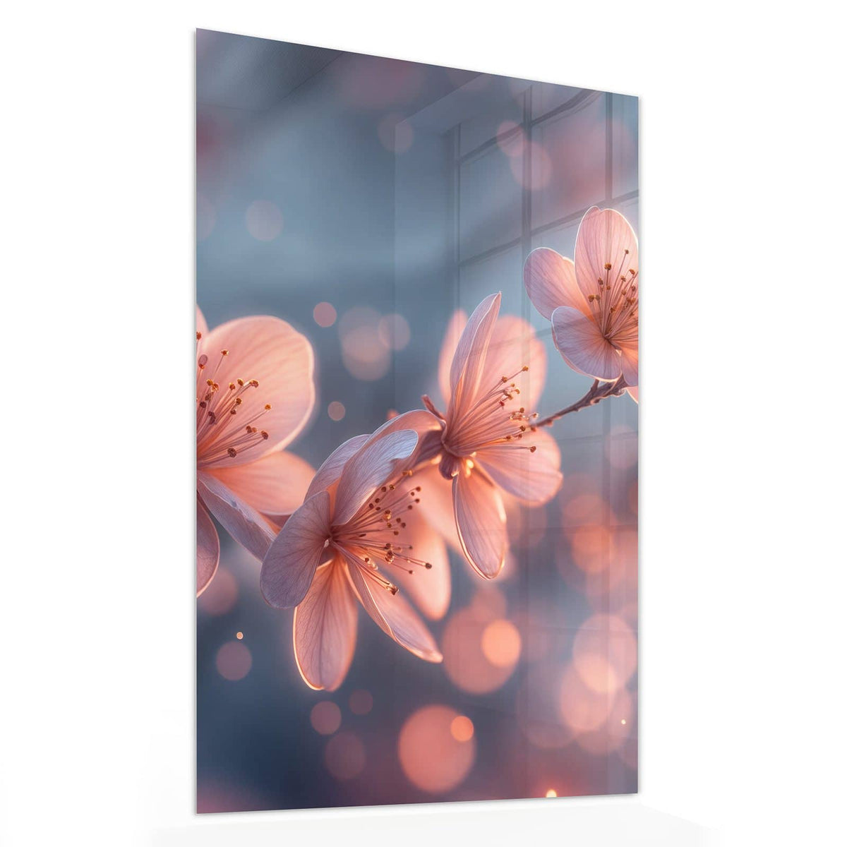 Glasbild Kirschblüten im Licht von der Seite, 4 mm Echtglas