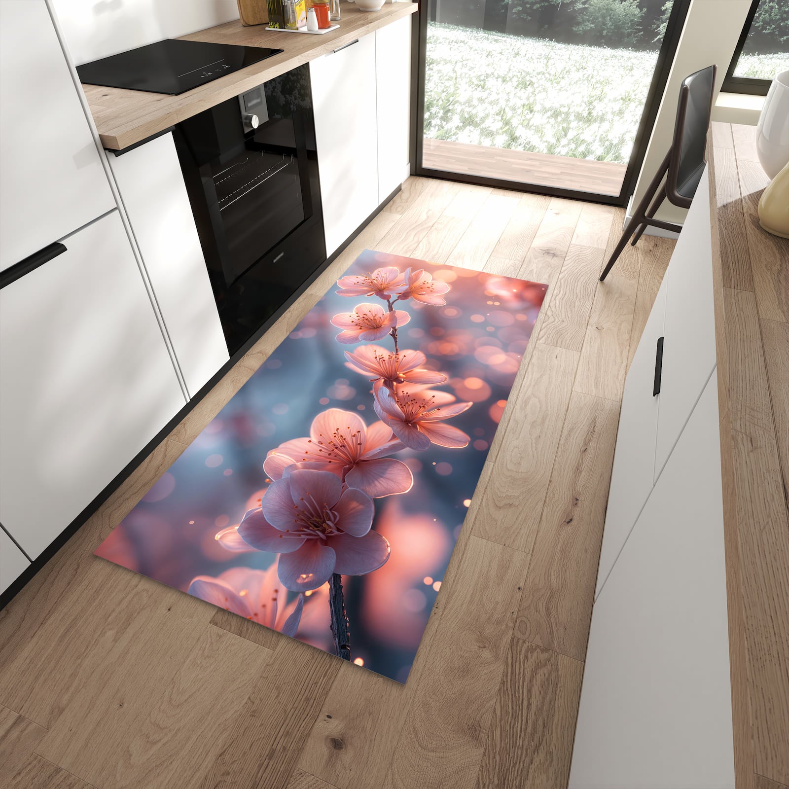 Langlebiger Küchenteppich mit Motiv Blühender Zweig in moderner Küche