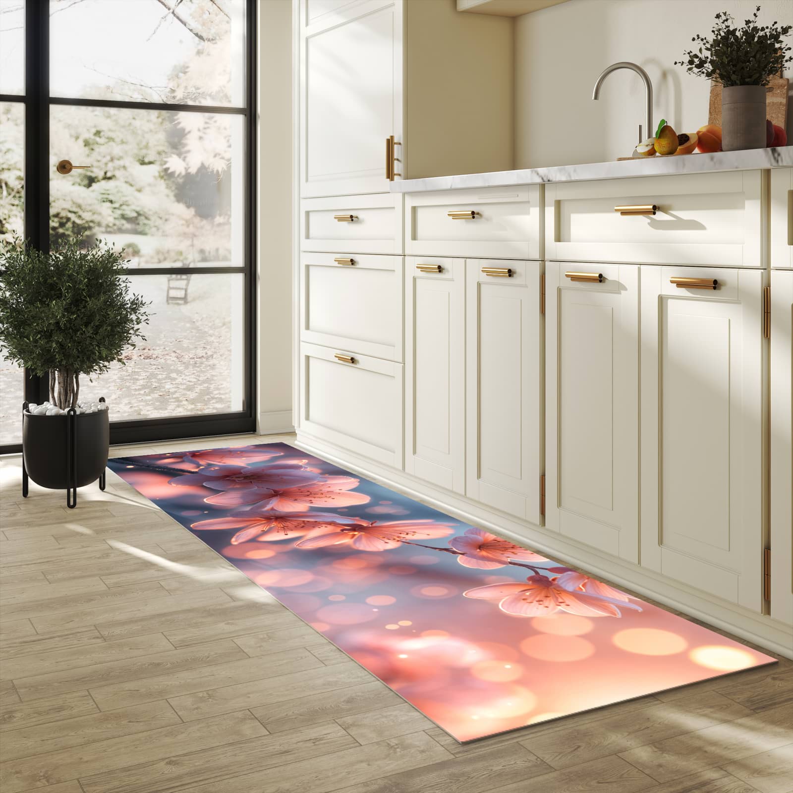 Langlebiger, waschbarer Küchenläufer mit Motiv Blühender Zweig in heller Küche