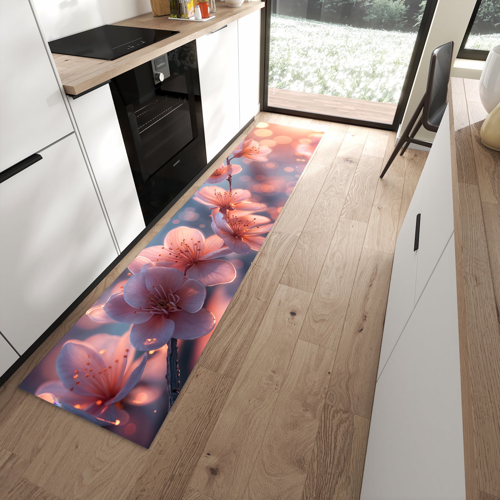 Abriebfester rutschfester Küchenteppich mit Motiv Blühender Zweig in moderner Küche