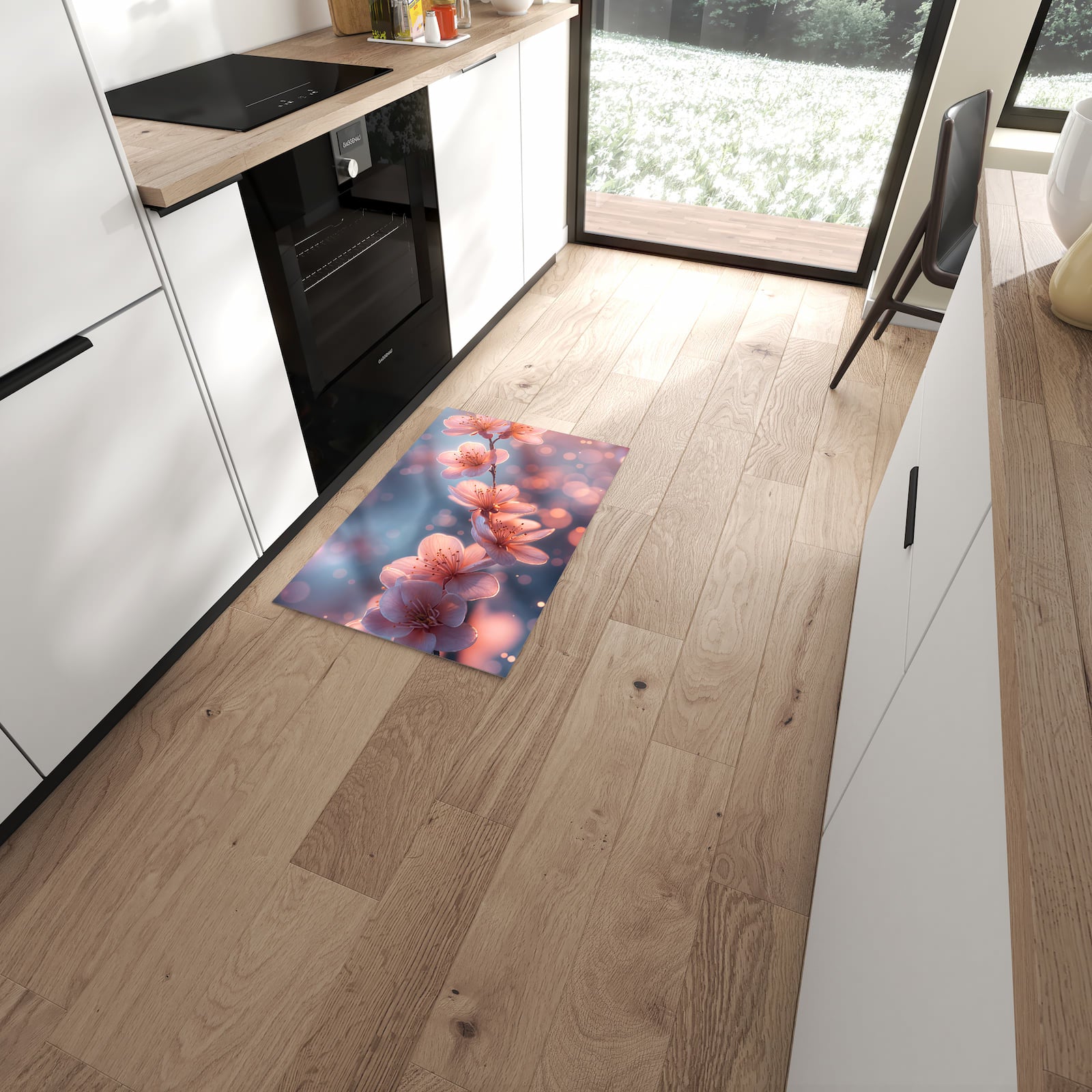 Komfortabler Bodenläufer-Teppich mit Motiv Blühender Zweig in moderner Küche