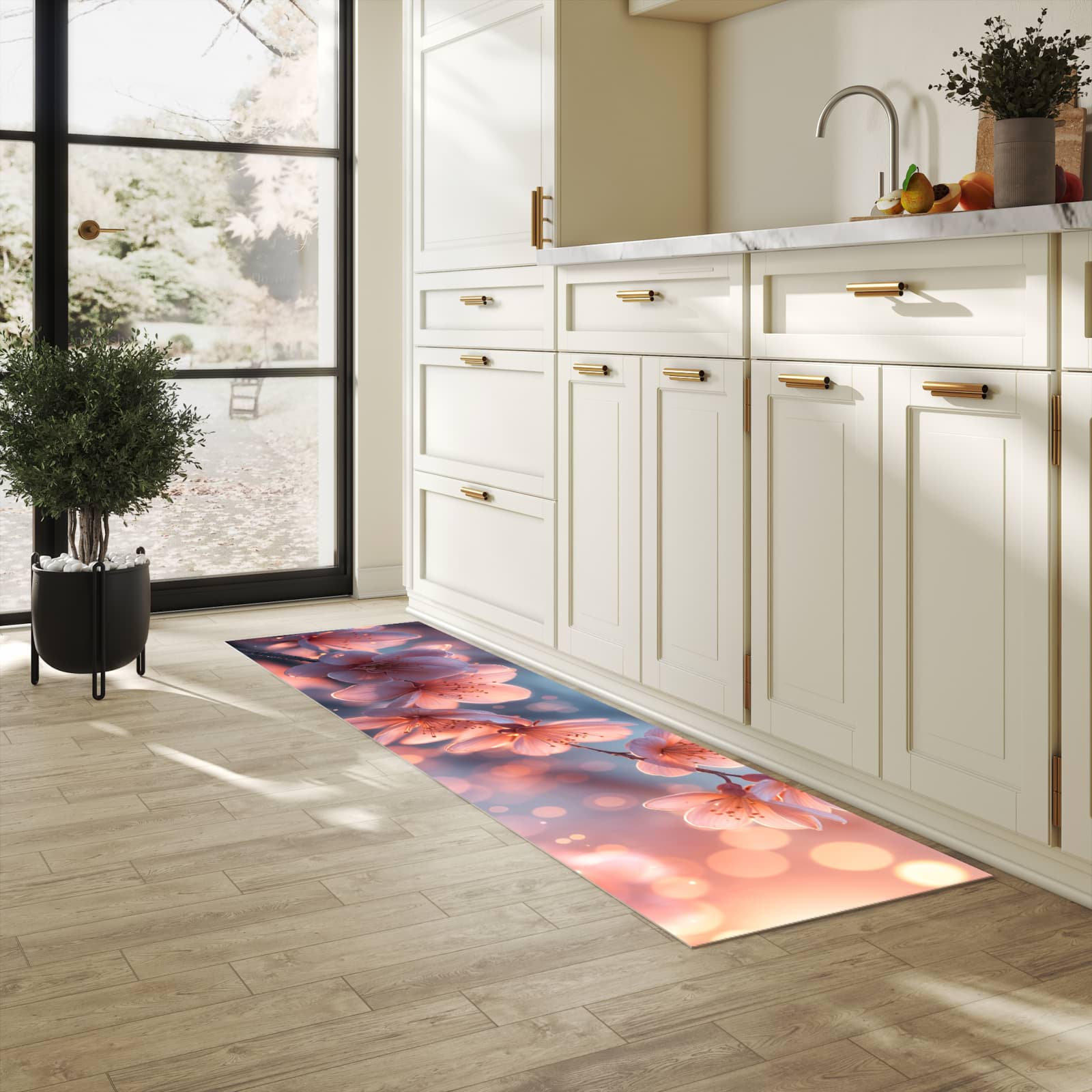 UV-beständiger rutschfester Küchenläufer mit Motiv Blühender Zweig in heller Küche