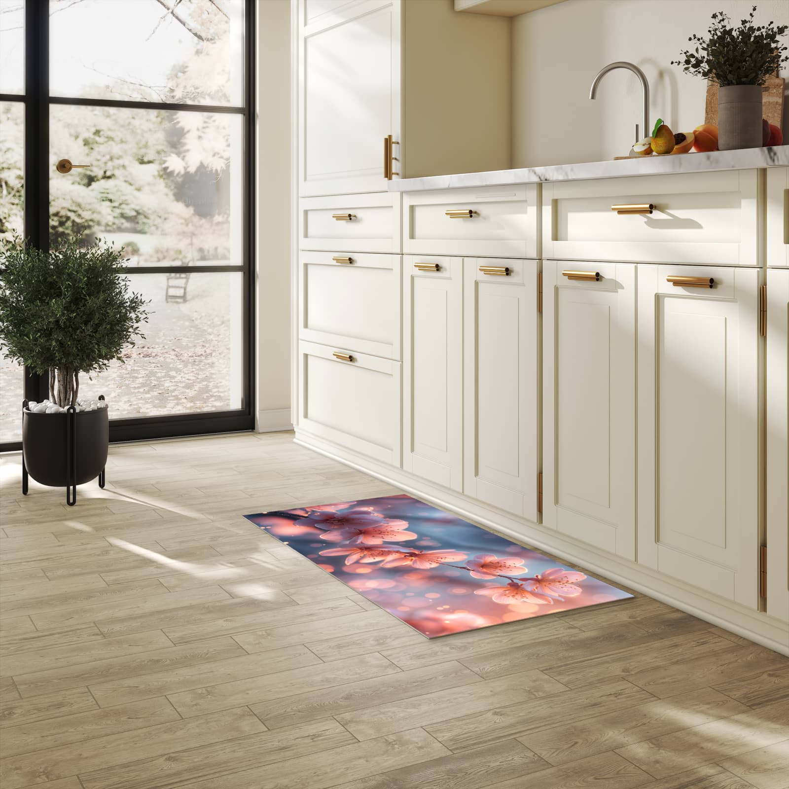 Zeitsparender Küchenläufer mit Motiv Blühender Zweig in heller Küche