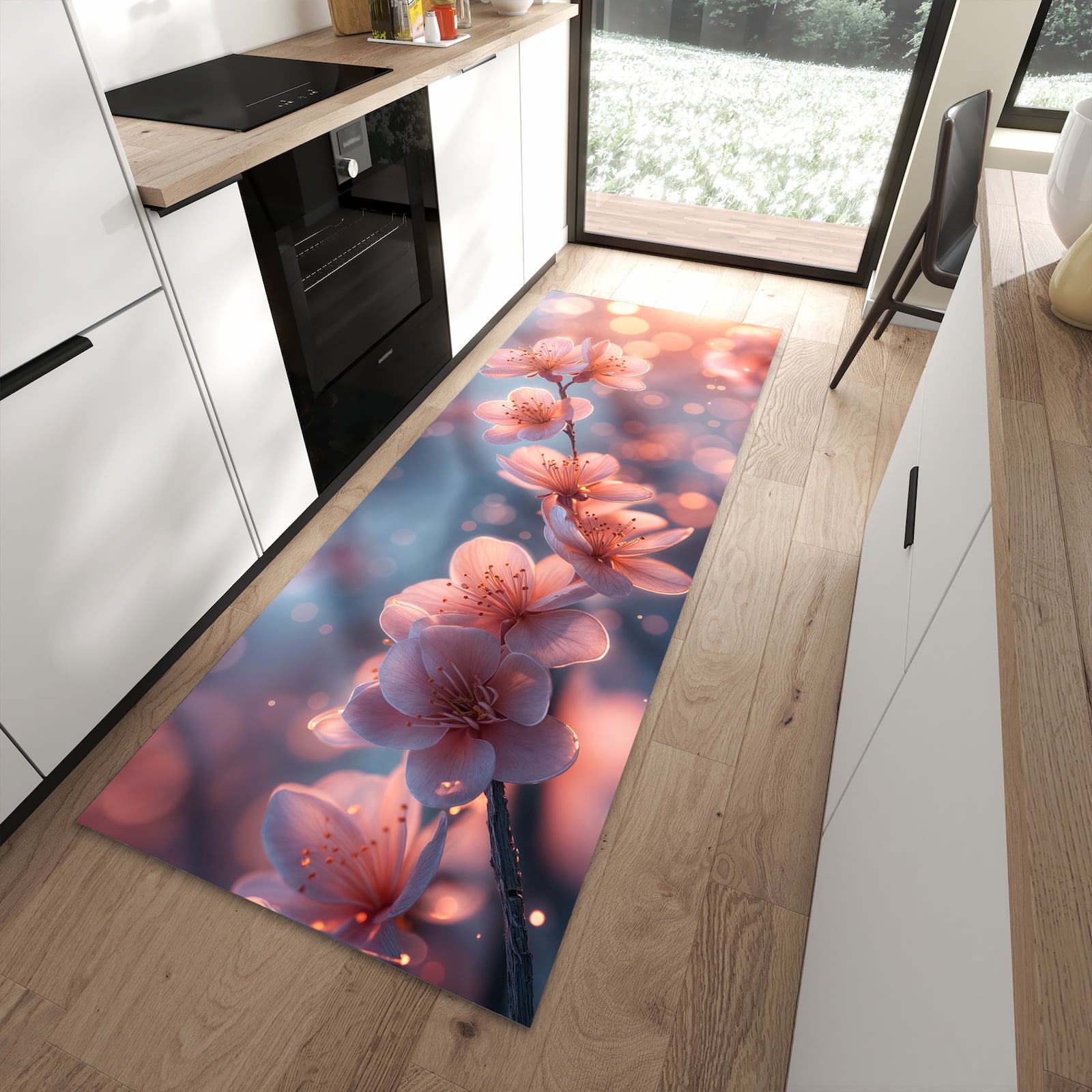 Flacher Küchenteppich mit Motiv Blühender Zweig in moderner Küche - waschbar