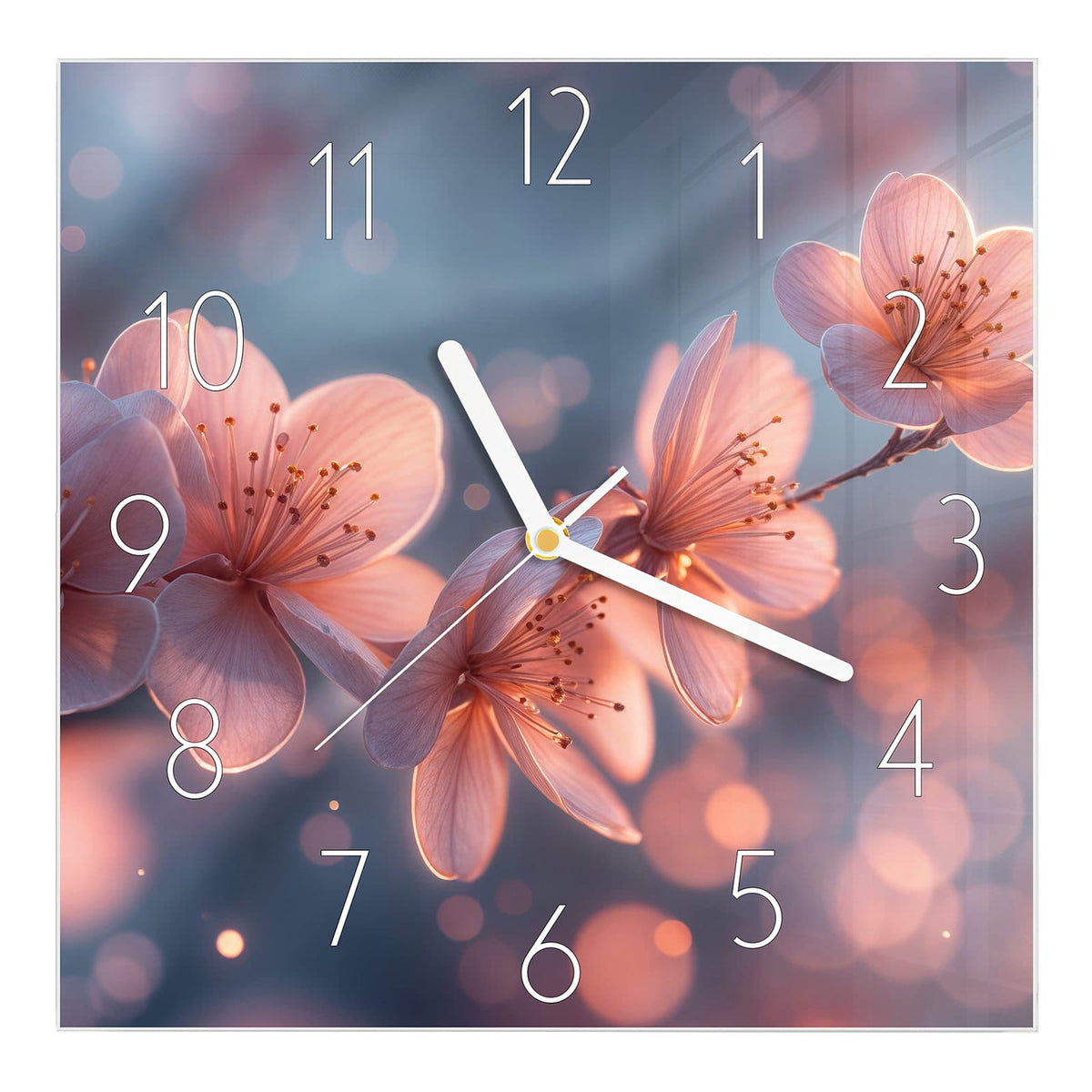 Wanduhr aus Glas, Ziffernblatt Klassisch: Rosa leuchtende Kirschblüten an einem Zweig vor blaugrauem Grund mit warmen Lichtpunkten. #ziffernblatt_Klassisch