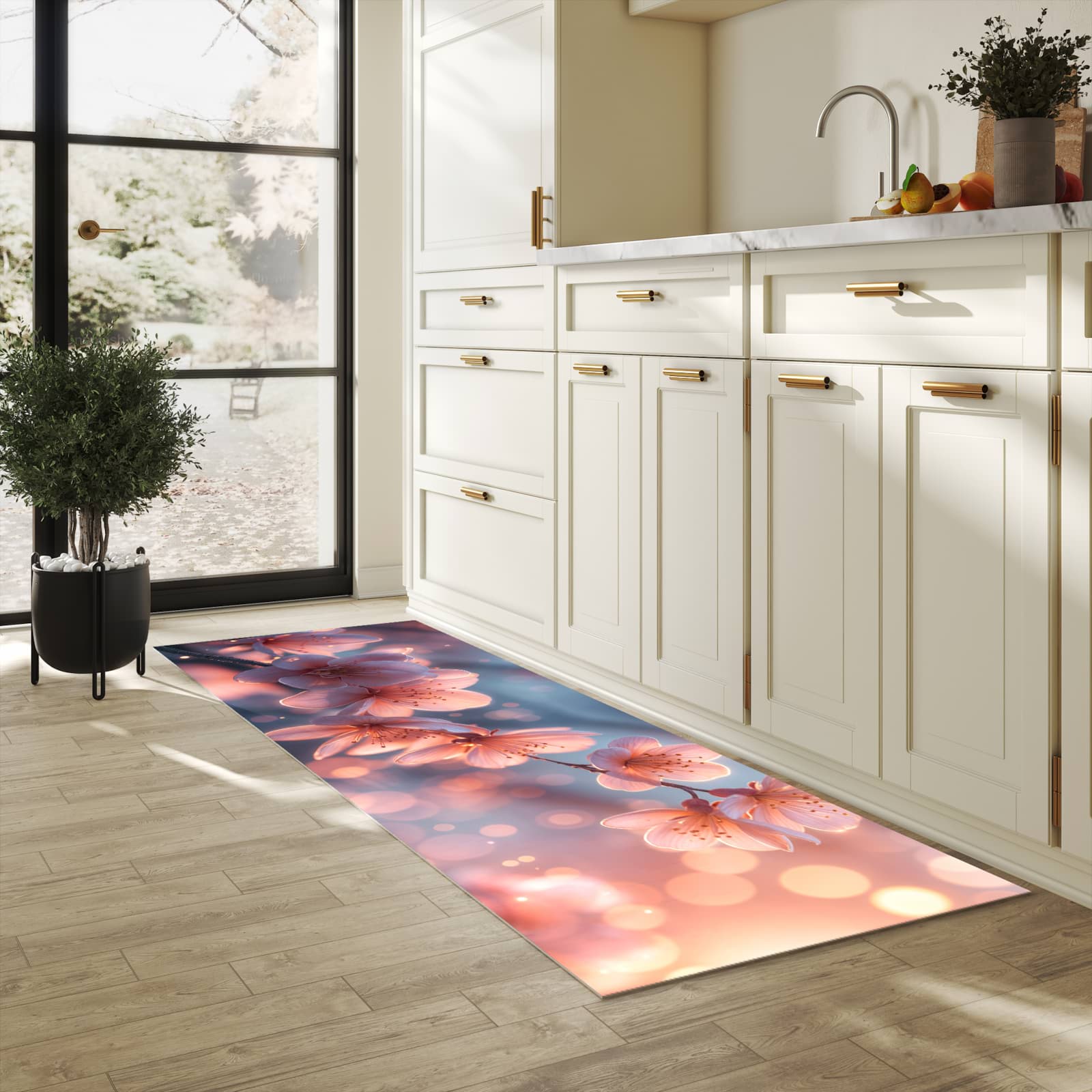 Geruchsneutraler Küchenläufer nach Maß mit Motiv Blühender Zweig in heller Küche