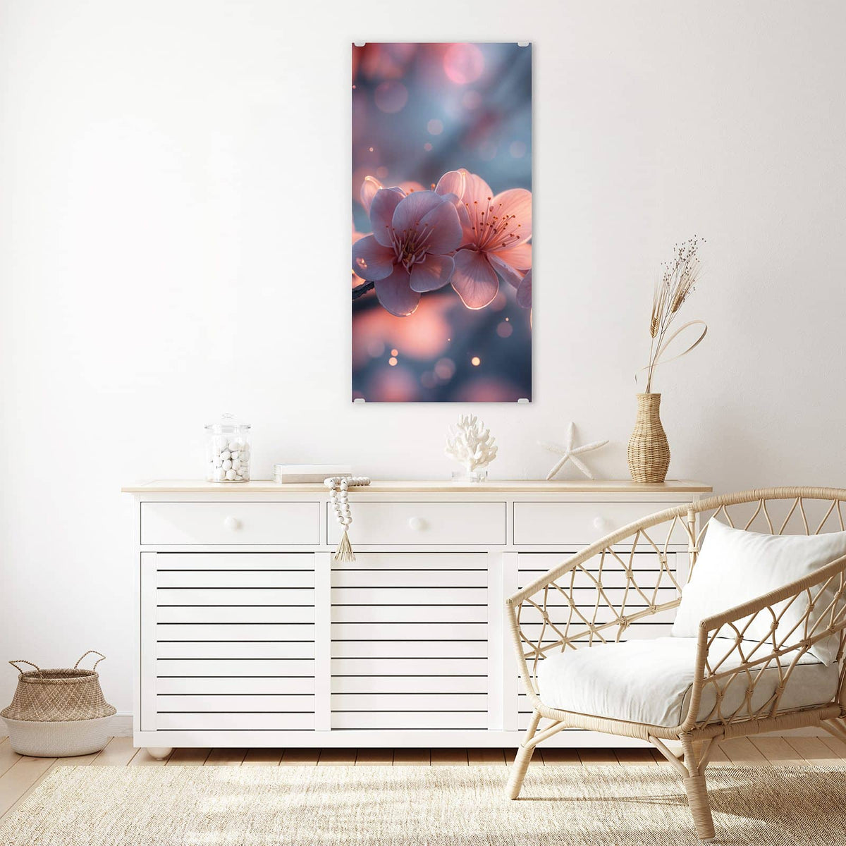 Glasbild Kirschblüten im Licht an der Wand – Rosa leuchtende Kirschblüten an einem Zweig vor blaugrauem Grund mit warmen Lichtpunkten.