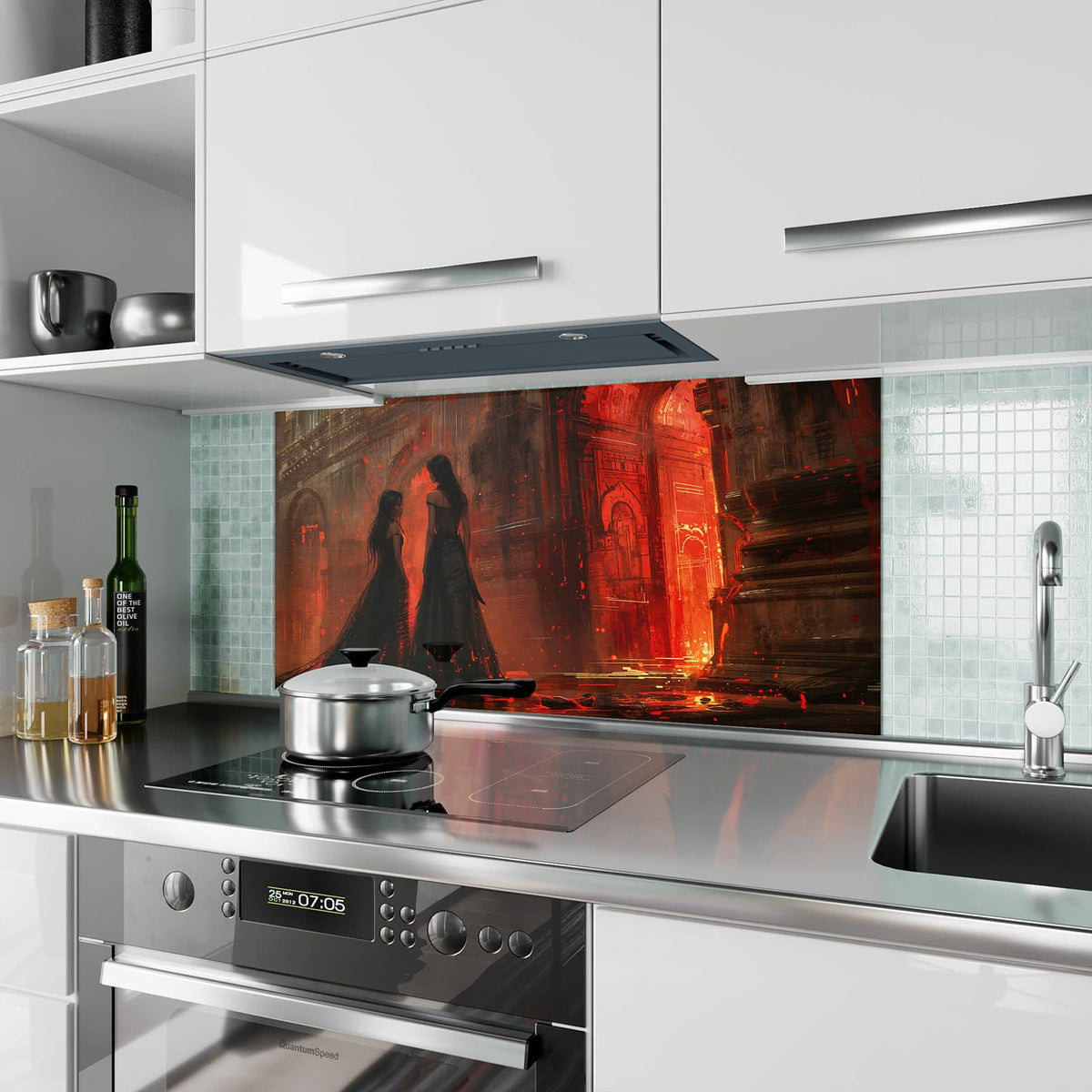 Küchenrückwand aus Glas Frauen im roten Licht im Hochformat als Spritzschutz hinter dem Kochfeld, über dem Fliesenspiegel montiert