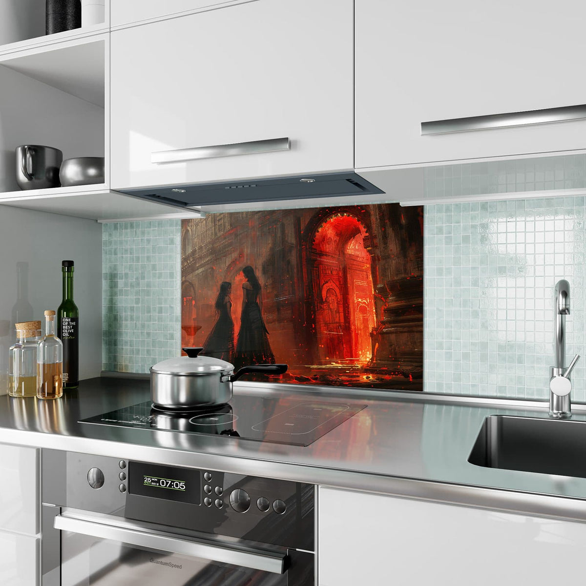 Küchenrückwand aus Glas Frauen im roten Licht im Hochformat als Spritzschutz hinter dem Kochfeld, über dem Fliesenspiegel montiert