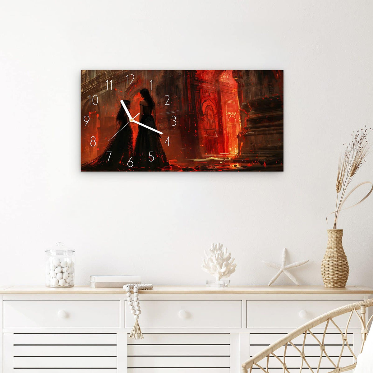 Wanduhr Feuerpalast aus Glas – Querformat 60 × 30 cm – Dunkle Gestalten vor glühendem Palast