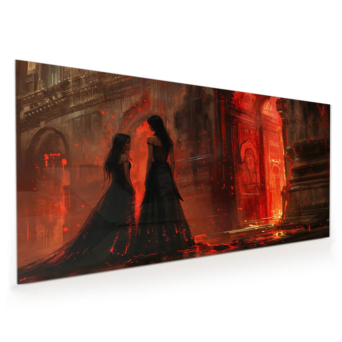 Küchenrückwand aus Glas im Hochformat: Zwei langhaarige Frauen in schwarzen Abendkleidern vor düsterer Palastfassade in rotem Licht