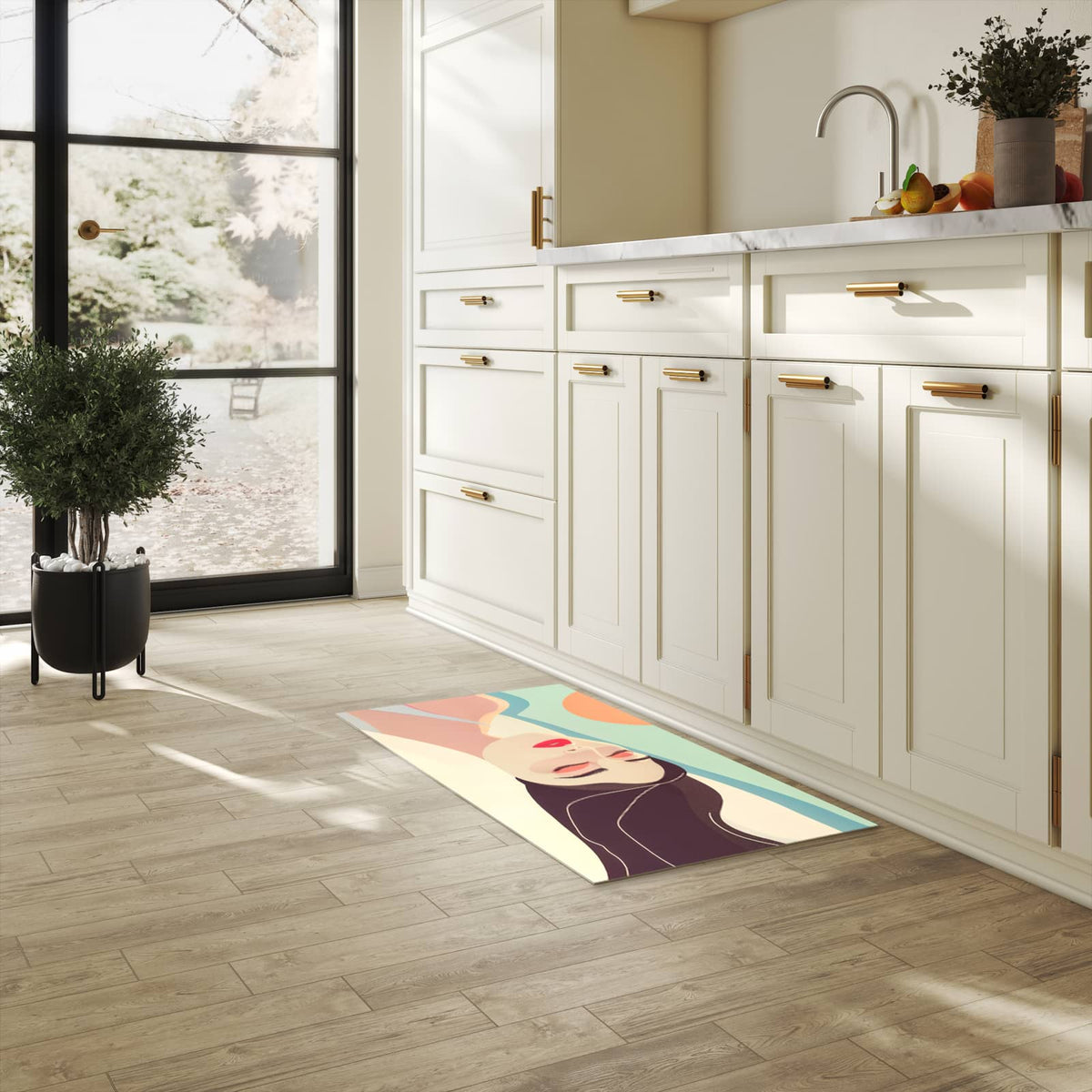 Abriebfester Küchenläufer mit Motiv Sonnenbaden in heller Küche