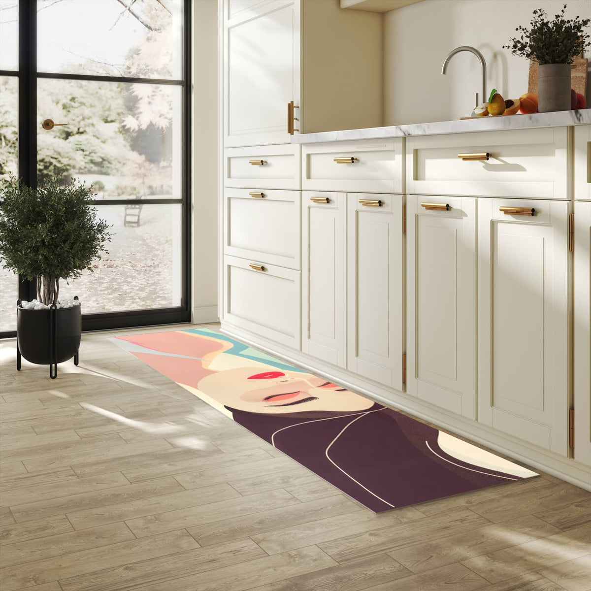 Fleckenresistenter langer Teppich mit Motiv Sonnenbaden in heller Küche