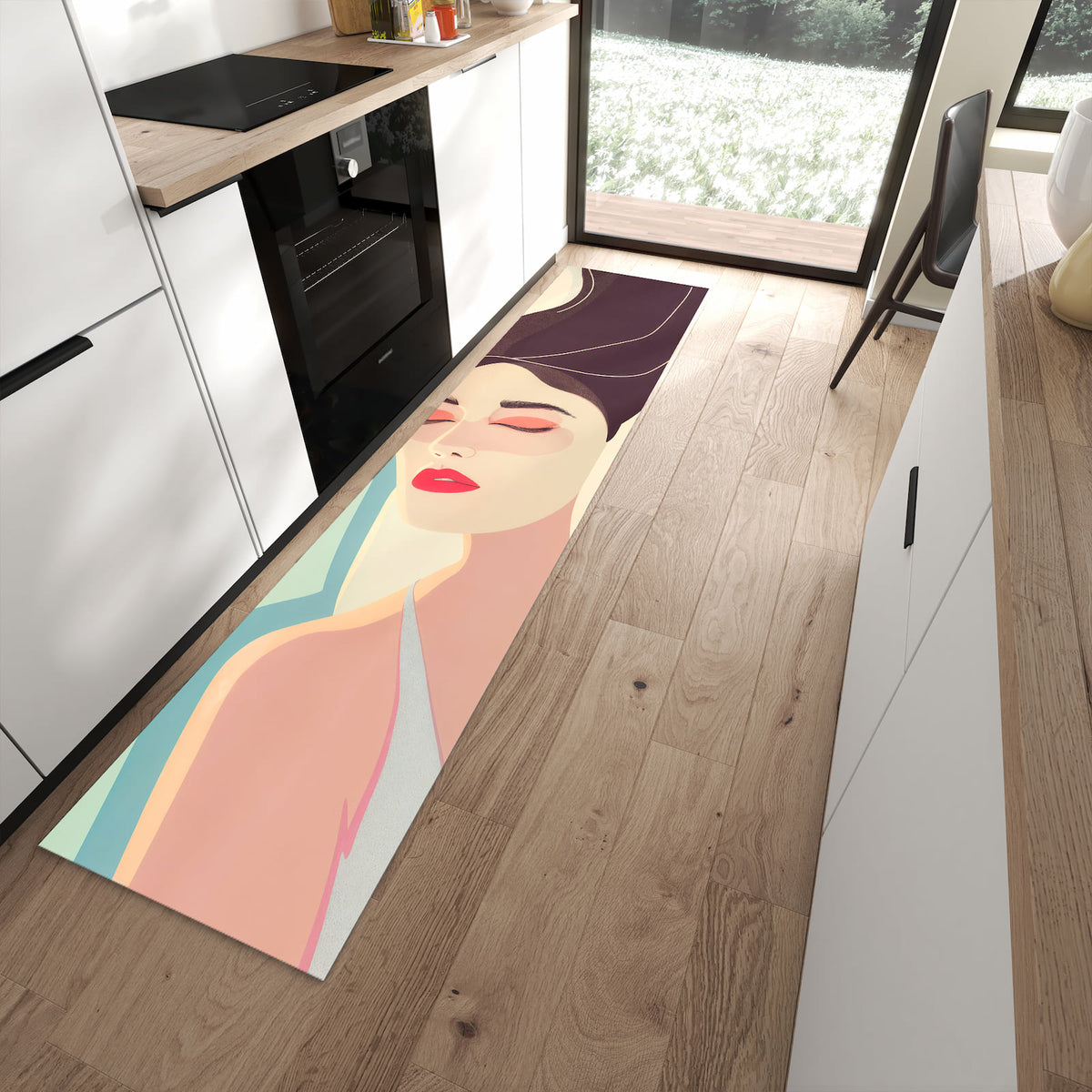 Komfortabler Küchenteppich mit Motiv Sonnenbaden in moderner Küche