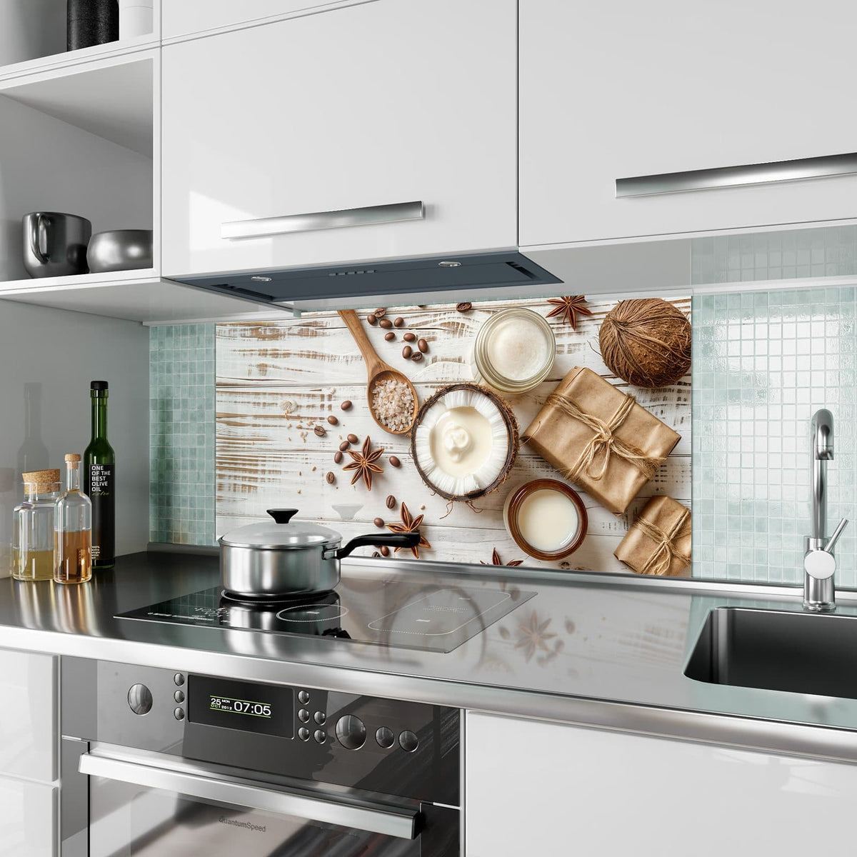 Küchenrückwand aus Glas Kokosnuss und Kaffee im Hochformat als Spritzschutz hinter dem Kochfeld, über dem Fliesenspiegel montiert