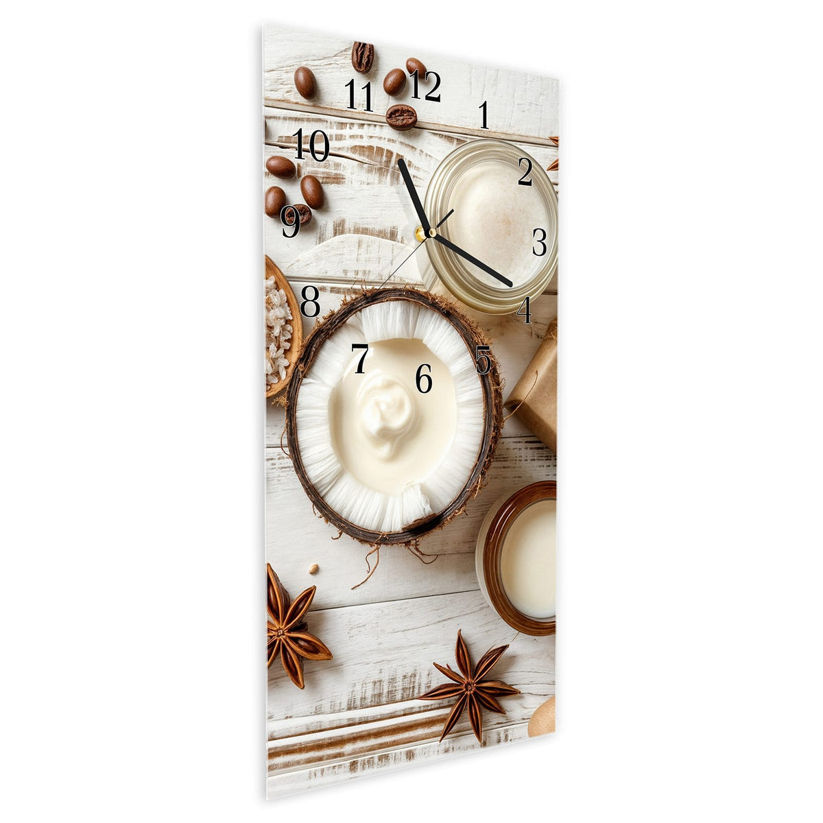 Wanduhr aus Glas im Hochformat Kokosnuss und Kaffee schräg von der Seite, 4 mm starkes Glas