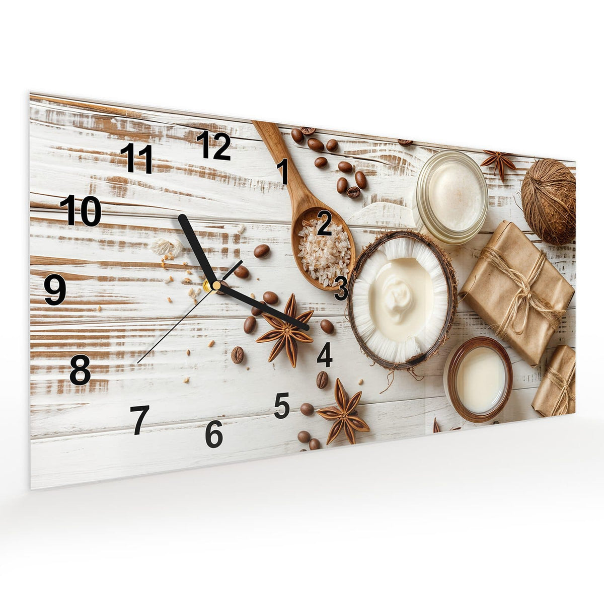 Wanduhr aus Glas im Querformat Kokosnuss und Kaffee schräg von der Seite, 4 mm starkes Glas