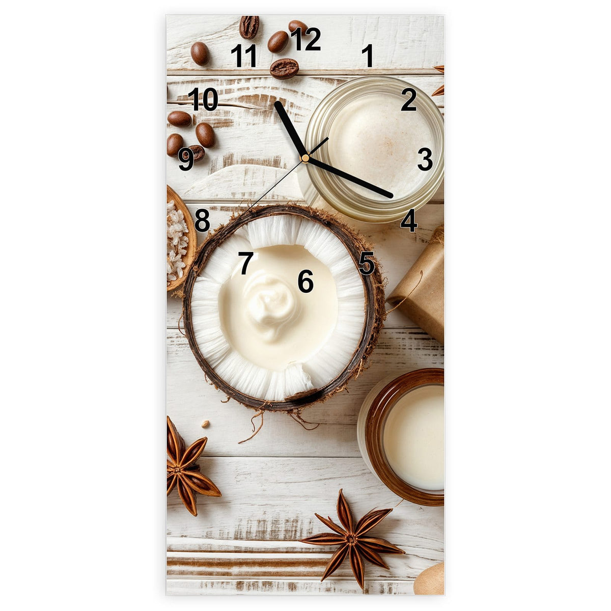 Wanduhr aus Glas, Ziffernblatt Modern: Flatlay auf weißem Holz: halbe Kokosnuss mit Creme, Cremetiegel, Kaffeebohnen, Anissterne, Salz im Holzlöffel