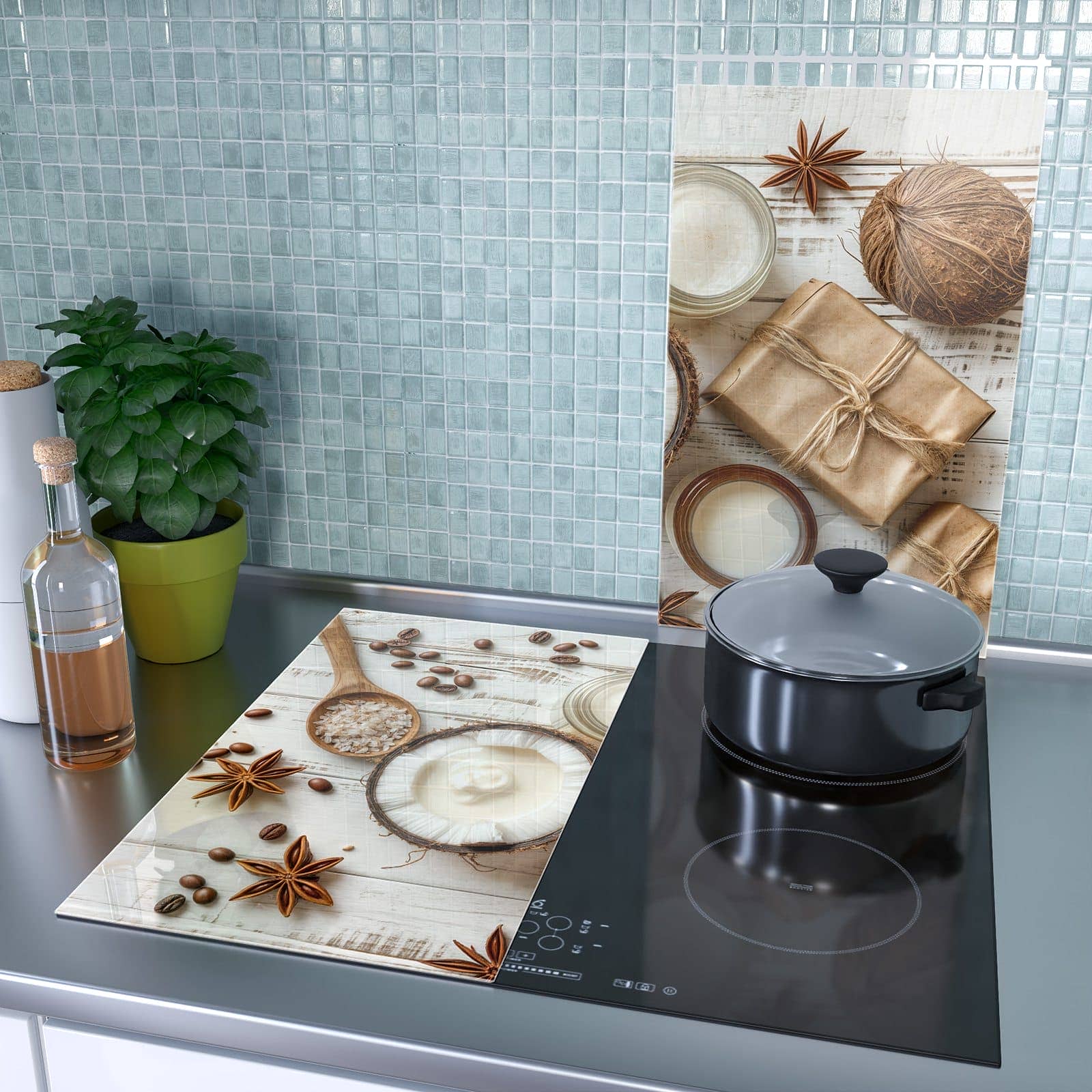 2-teilige Ceranfeldabdeckungen mit Natürliche Pflegeprodukte-Motiv als Spritzschutz hinter dem Kochfeld
