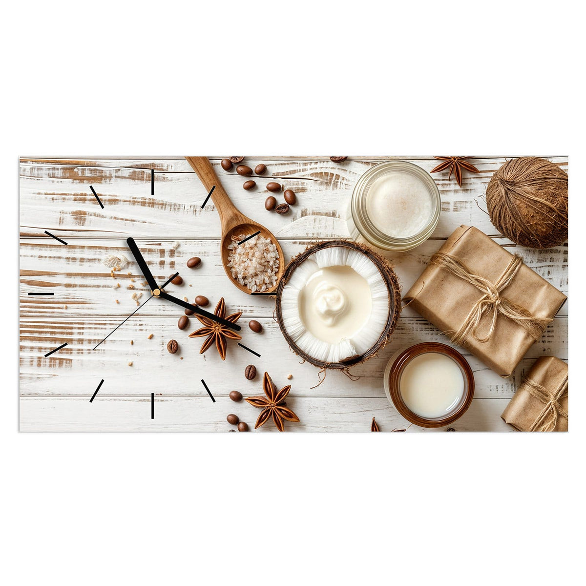 Wanduhr aus Glas, Ziffernblatt Linie: Flatlay auf weißem Holz: halbe Kokosnuss mit Creme, Cremetiegel, Kaffeebohnen, Anissterne, Salz im Holzlöffel