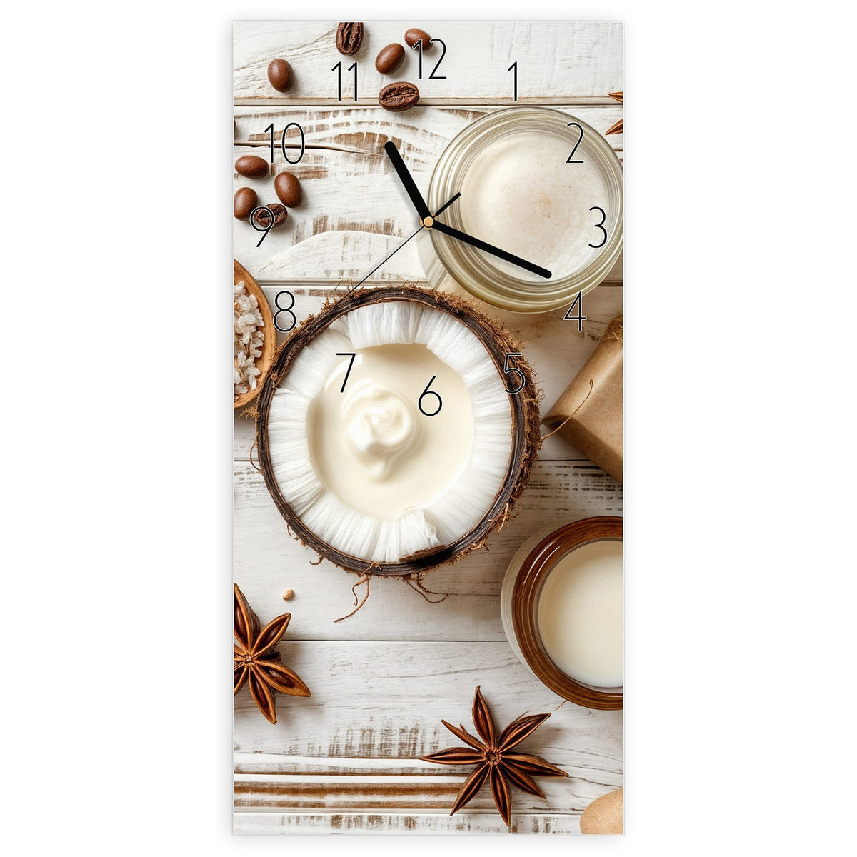 Wanduhr aus Glas, Ziffernblatt Elegant: Flatlay auf weißem Holz: halbe Kokosnuss mit Creme, Cremetiegel, Kaffeebohnen, Anissterne, Salz im Holzlöffel #ziffernblatt_Elegant