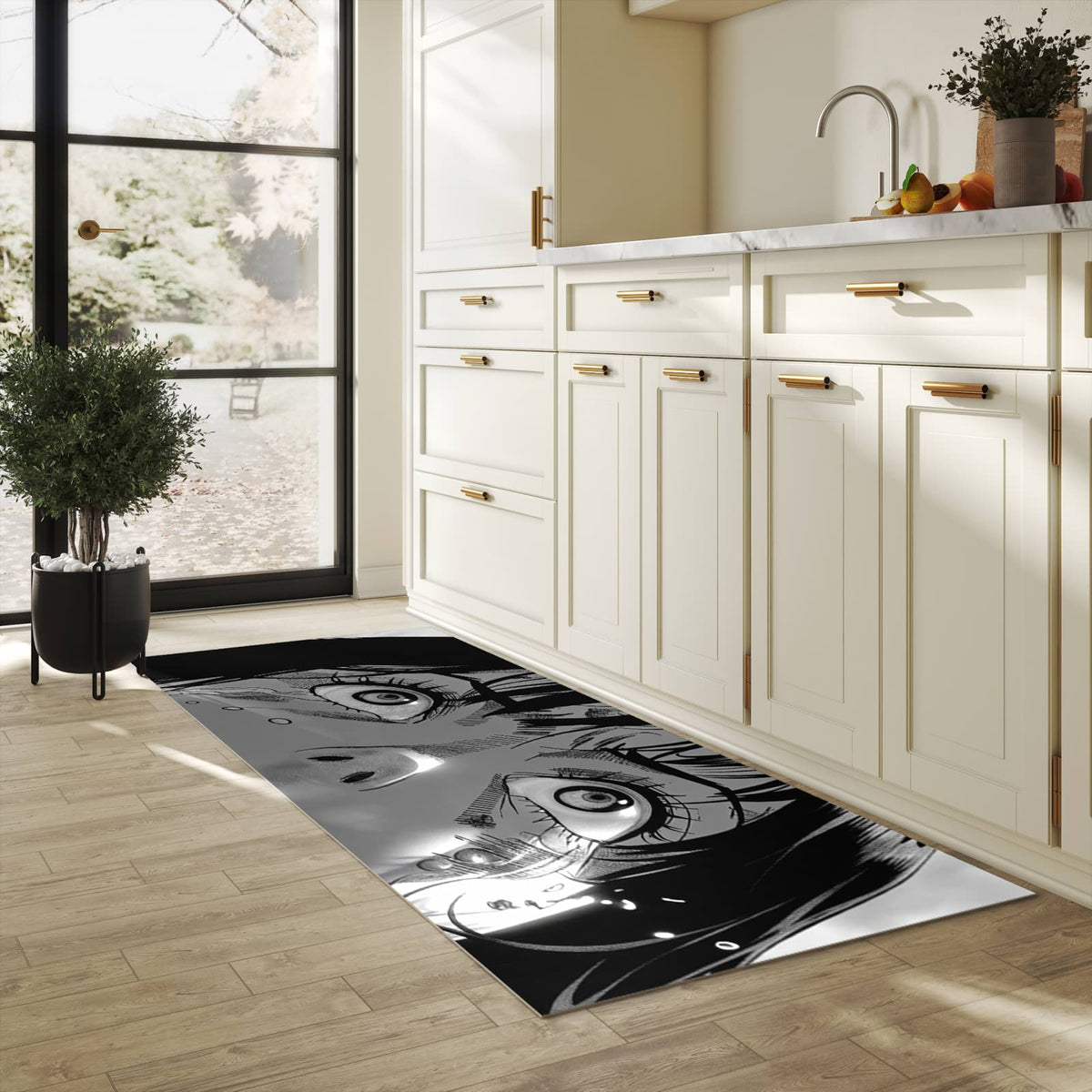 Hygienischer Küchenteppich mit Motiv Schreiender Ausdruck in heller Küche
