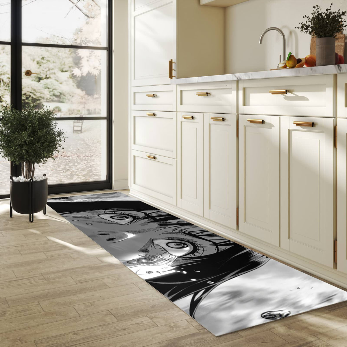 Abwaschbarer Küchenteppich mit Motiv Schreiender Ausdruck in heller Küche