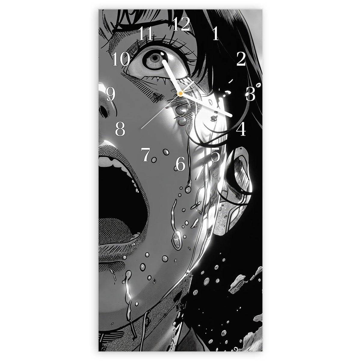 Wanduhr aus Glas, Ziffernblatt Klassisch mit Motiv Manga-Schrei: Schwarzweißes Manga-Gesicht in Großaufnahme, aufgerissene Augen und Mund, Schweißtropfen #ziffernblatt_Klassisch