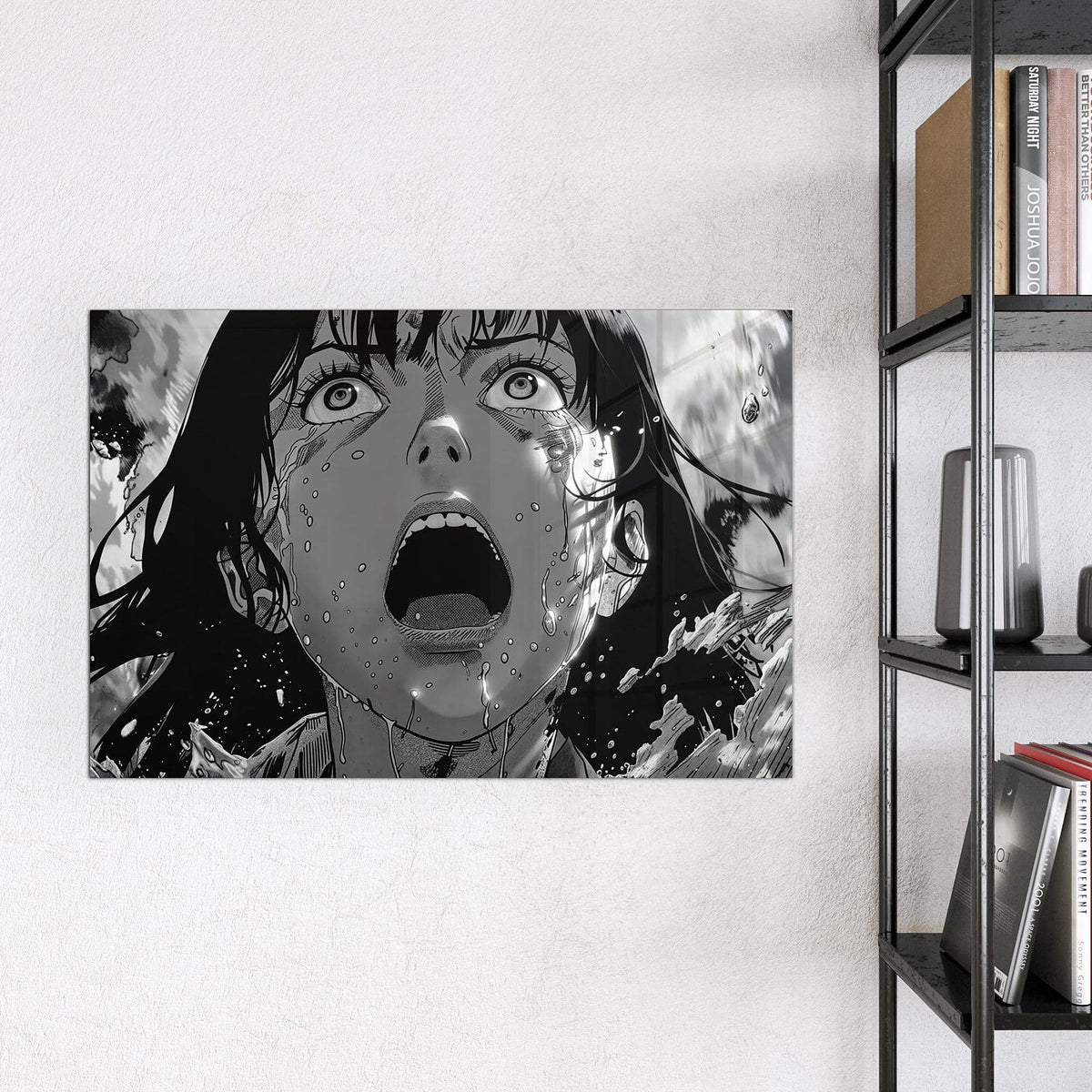 Magnettafel - Manga-Schrei – Schreiendes Manga-Gesicht in Schwarz-Weiß