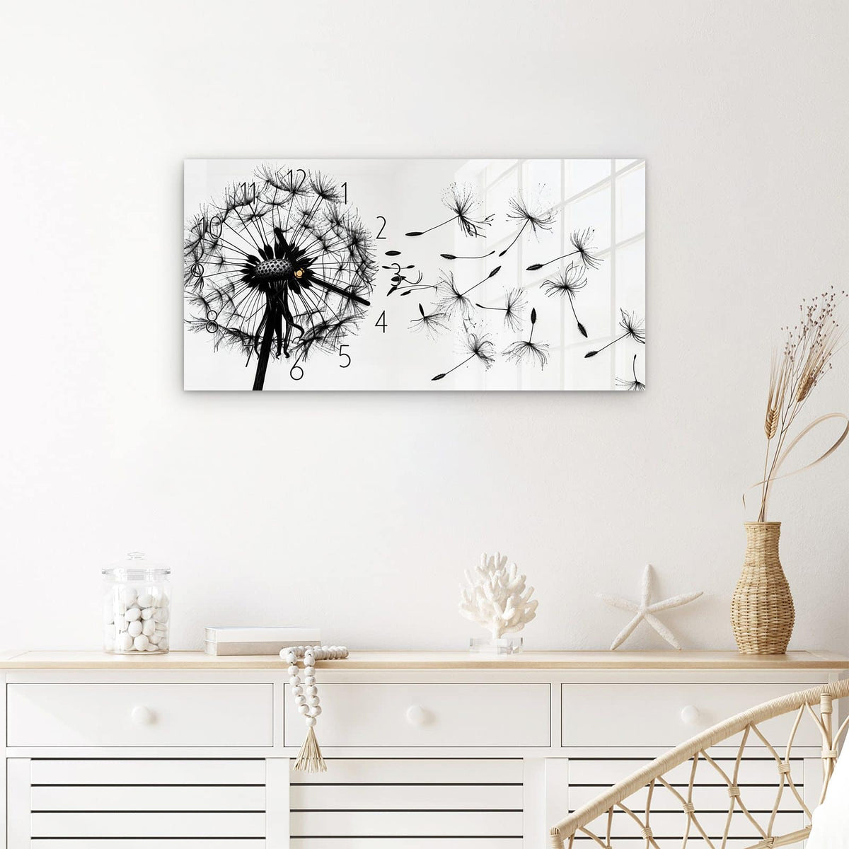 Wanduhr Pusteblume aus Glas – Querformat 60 × 30 cm – Löwenzahn mit davonschwebenden Samen