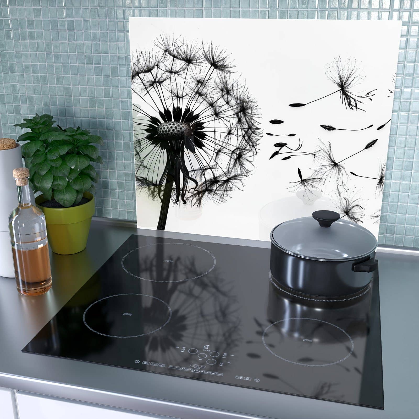 1-teilige Abdeckplatte für Ceranfeld mit Pusteblume-Motiv als Spritzschutz hinter dem Kochfeld