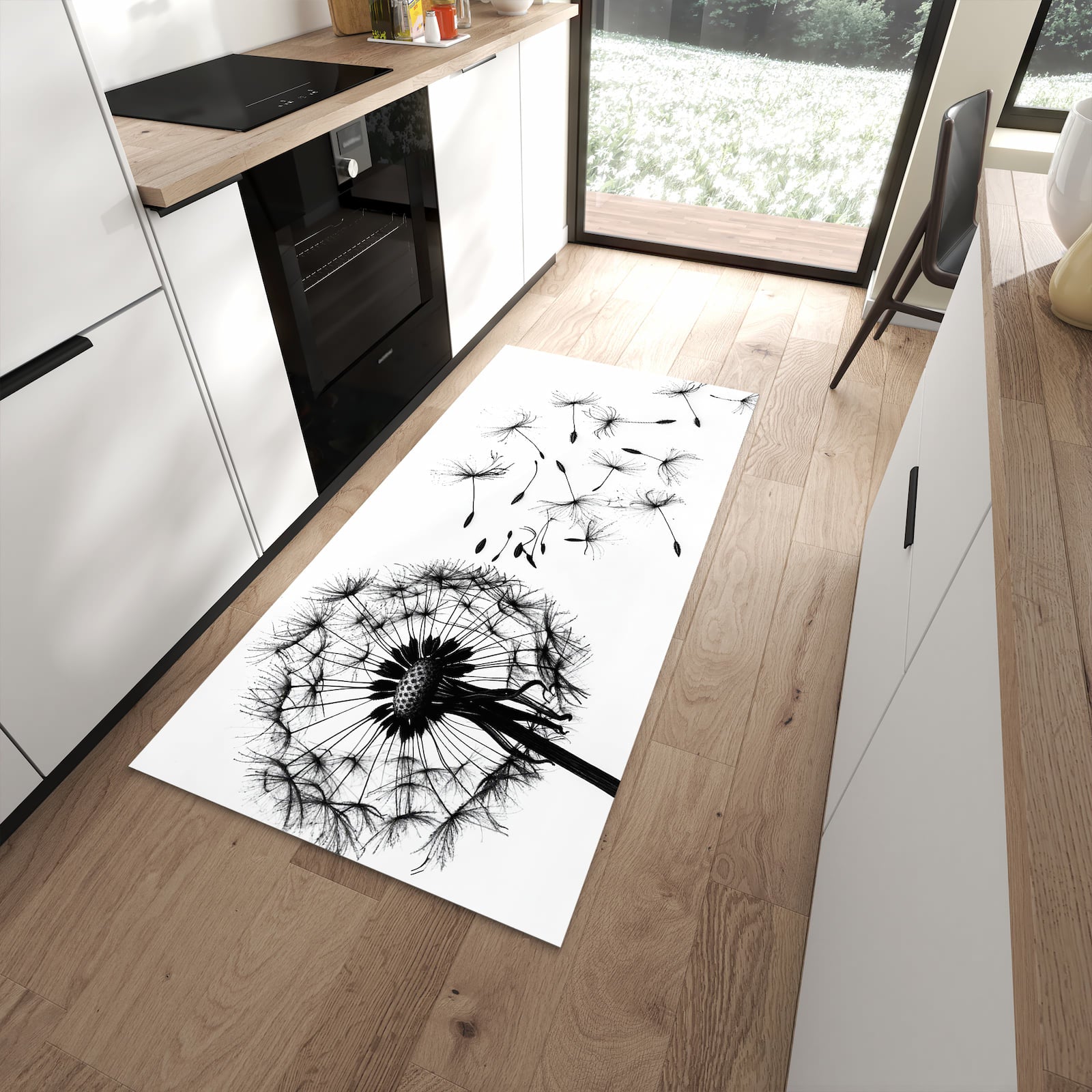 Rutschfester dünner Teppich mit Motiv Pusteblume spart Zeit in moderner Küche