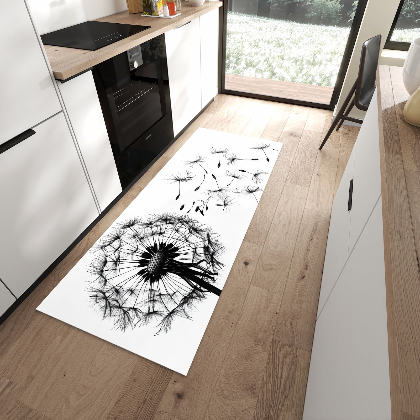 Bodenschonender langer Teppich mit Motiv Pusteblume in moderner Küche