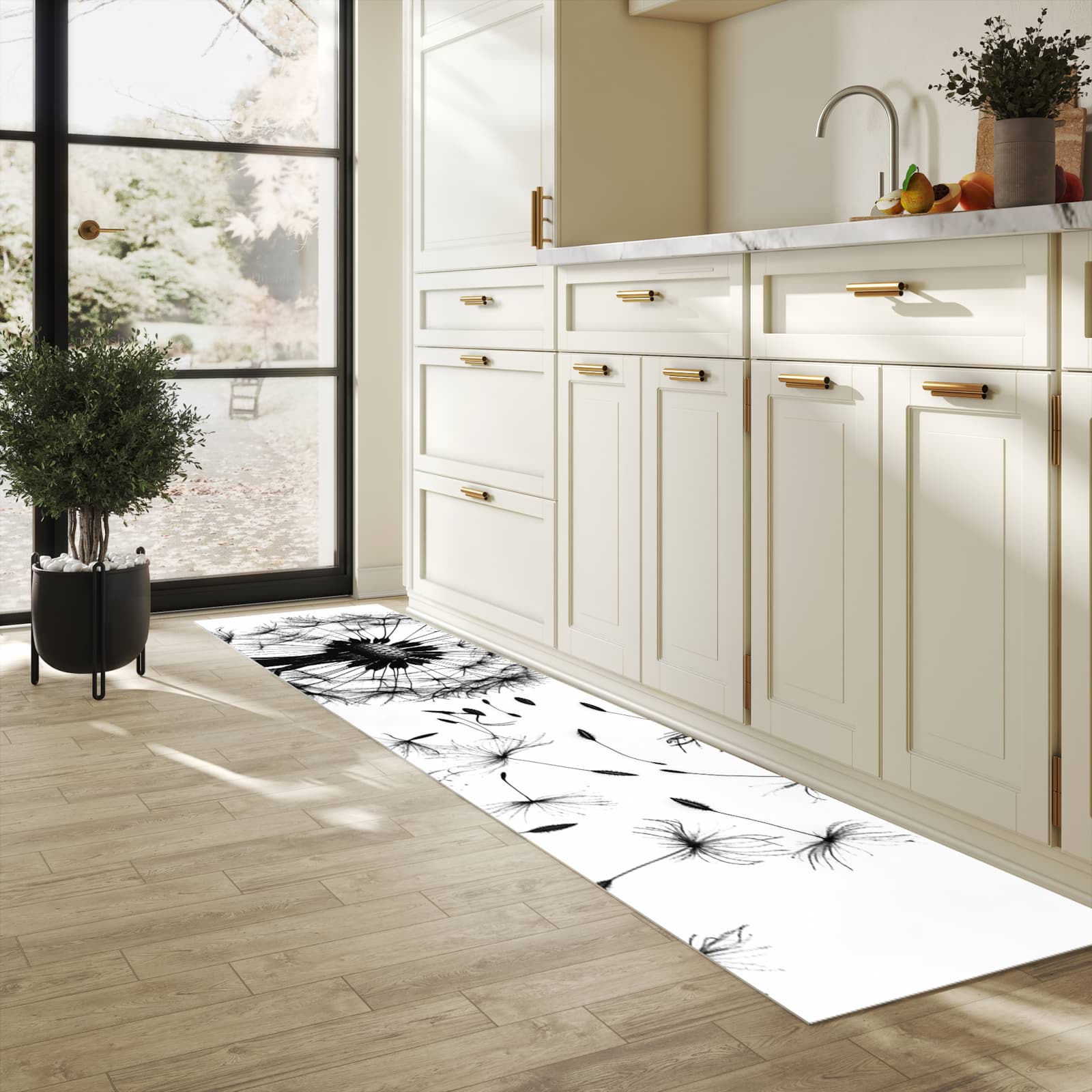 Bodenschonender waschbarer Küchenteppich mit Motiv Pusteblume in heller Küche