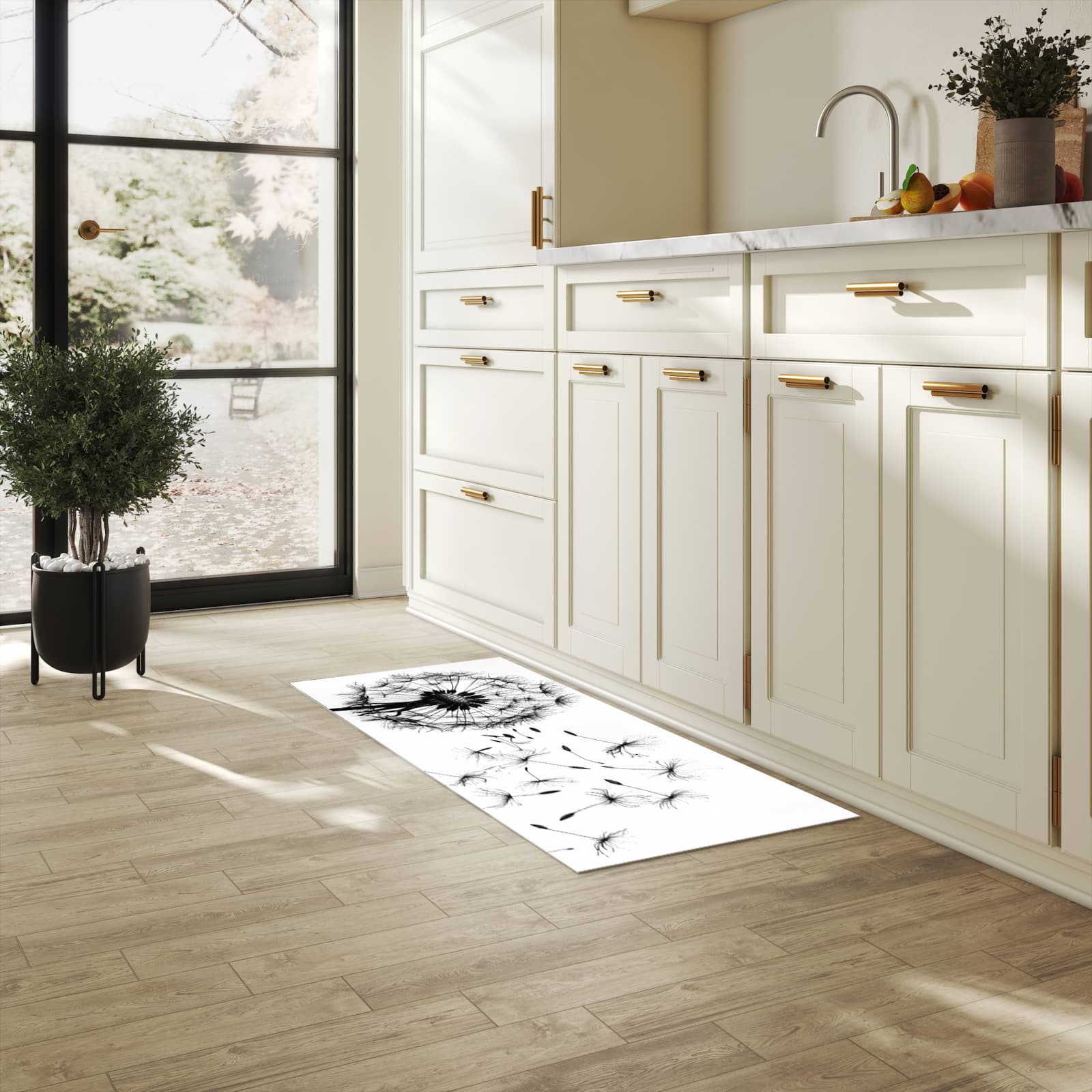 Rutschfester Küchenteppich mit Motiv Pusteblume in heller Küche