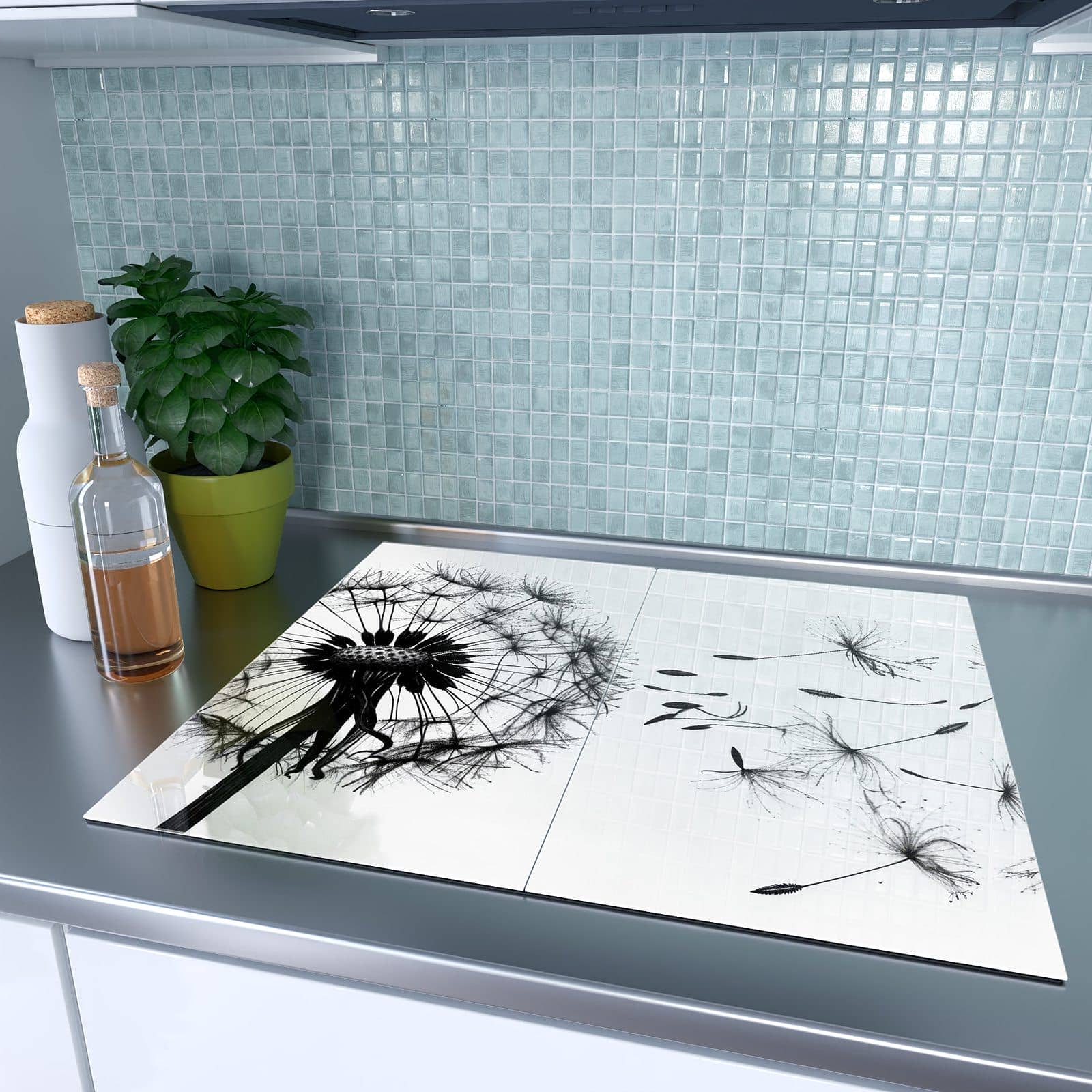 2-teilige Herdabdeckplatte aus Glas mit Pusteblume-Motiv auf dem Ceranfeld