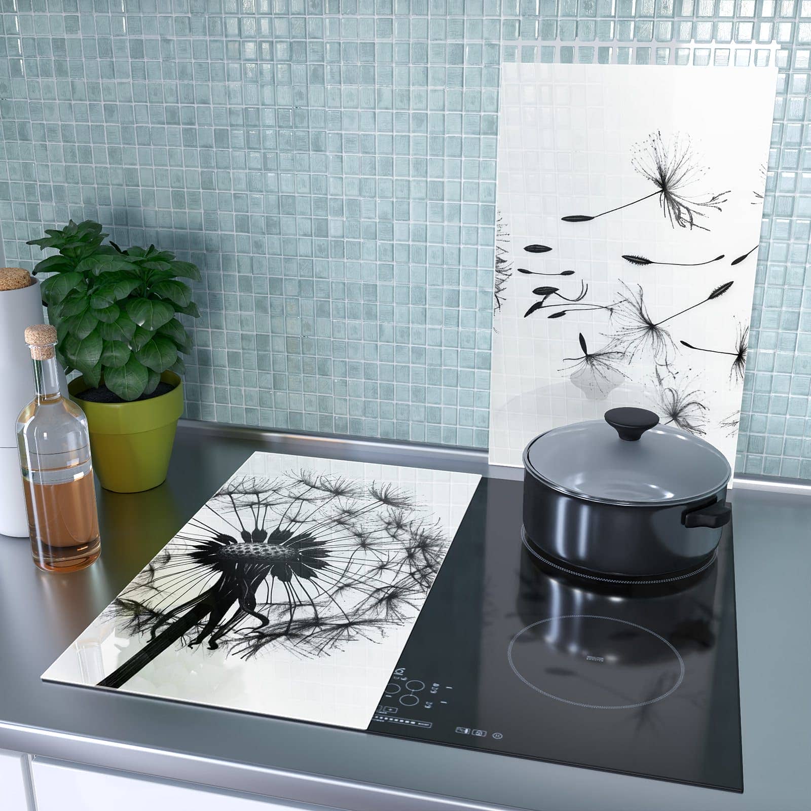 2-teilige Herdabdeckplatte Induktion mit Pusteblume-Motiv als Spritzschutz hinter dem Kochfeld