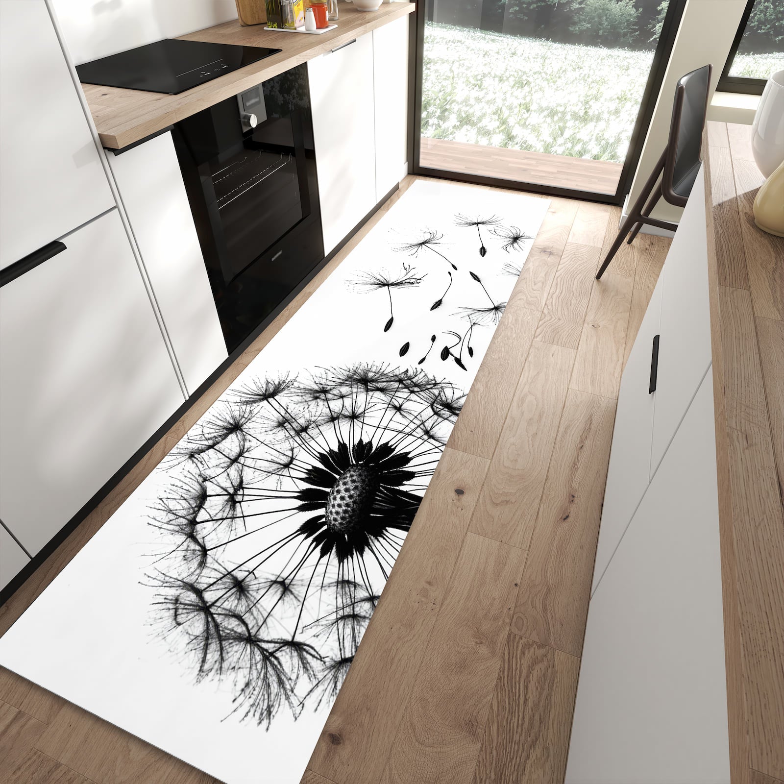 Dünner Küchenteppich mit Motiv Pusteblume in moderner Küche für sicheres Aufbewahren
