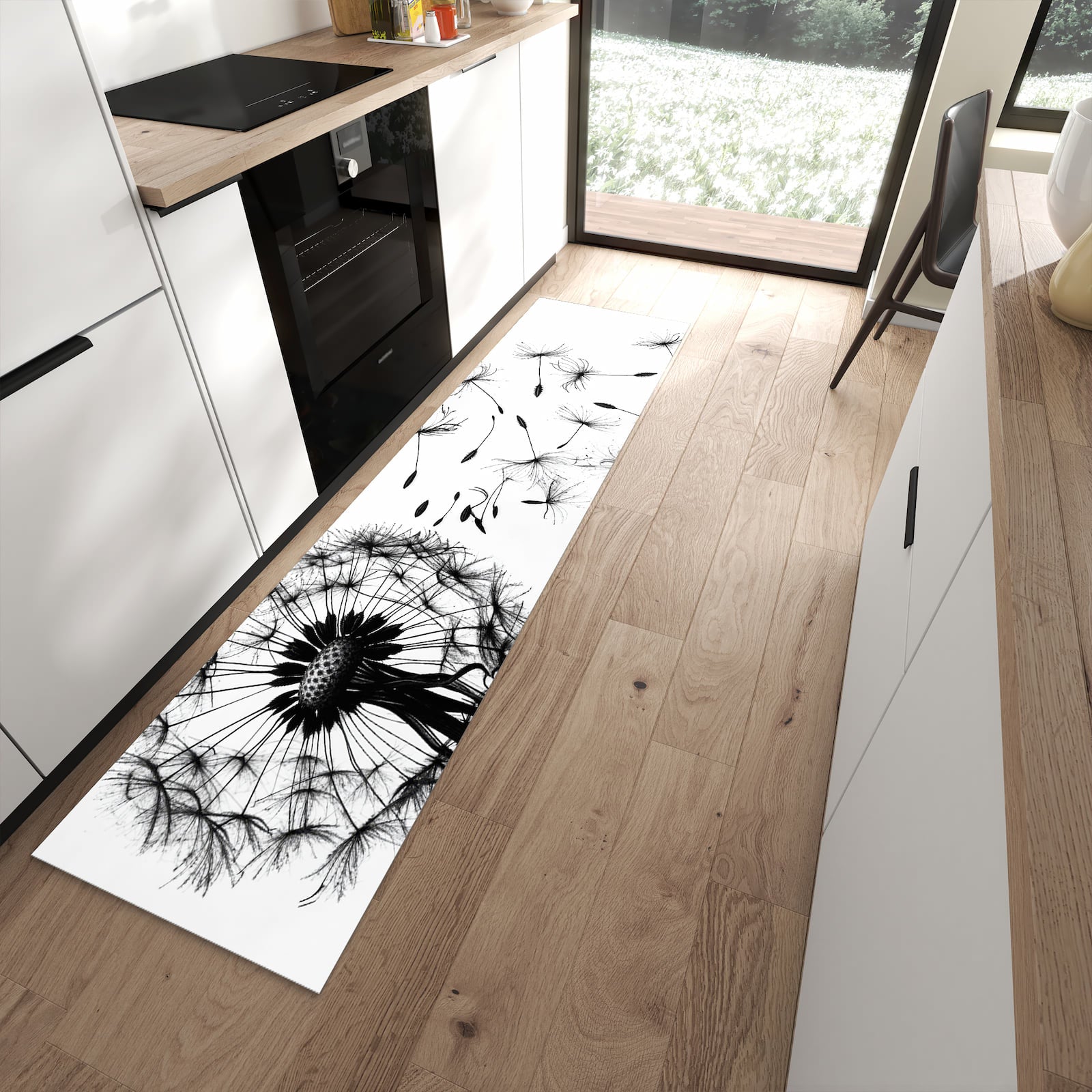 Rutschfester Küchenläufer mit Motiv Pusteblume in moderner Küche
