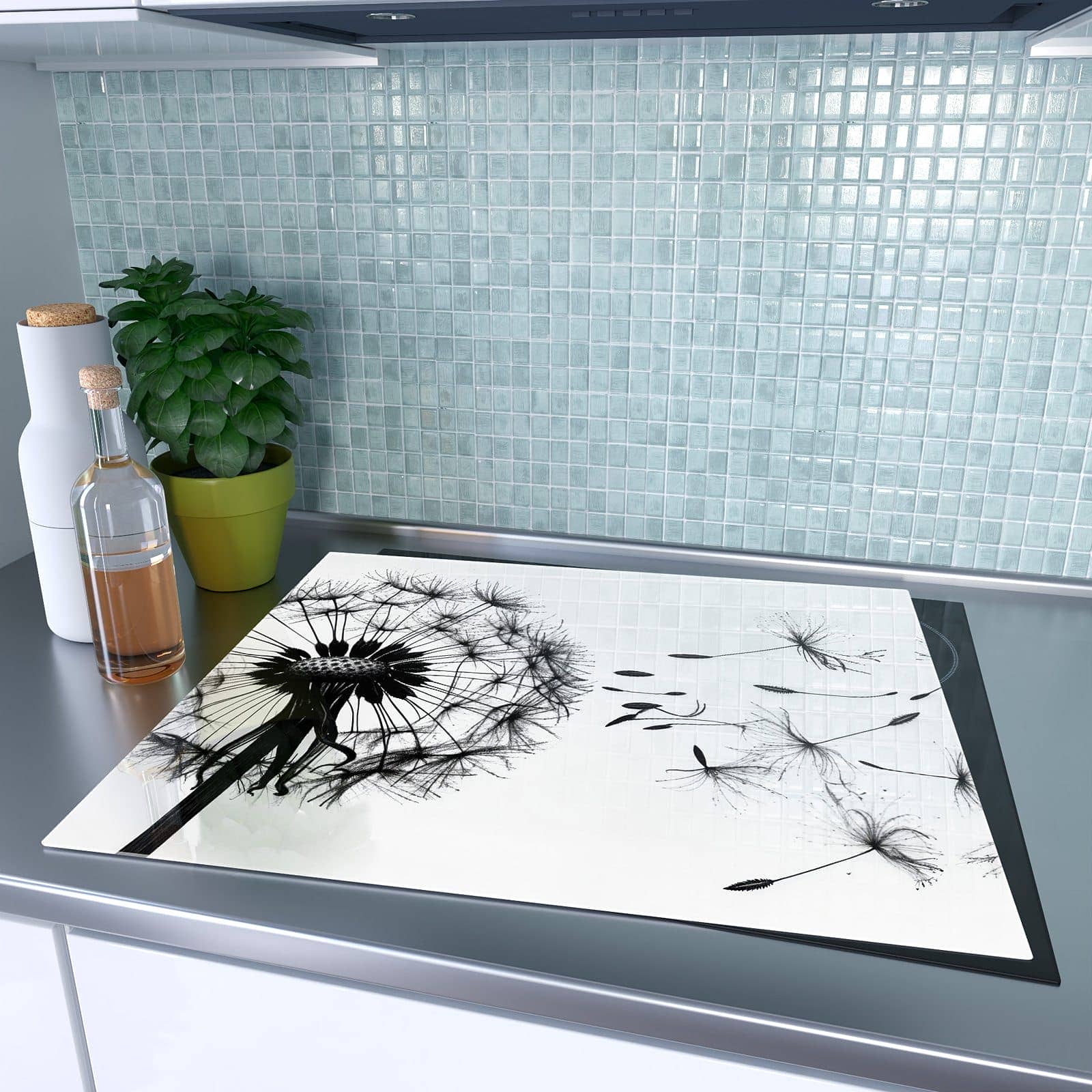 1-teilige Herdabdeckung aus Holz mit Pusteblume-Motiv auf dem Ceranfeld