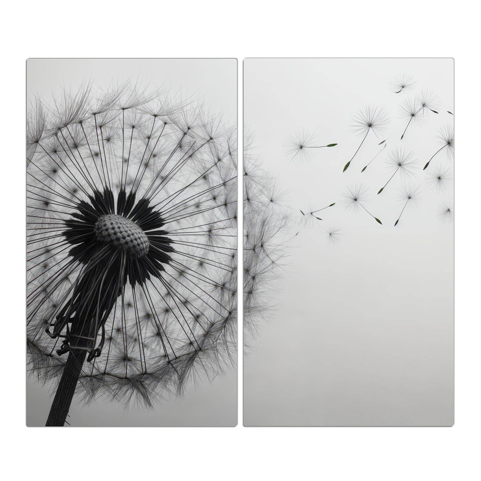 2-teilige Herdabdeckplatte mit Pusteblume im Wind-Motiv in der Frontansicht #grösse_2-Teilig (60x52cm)