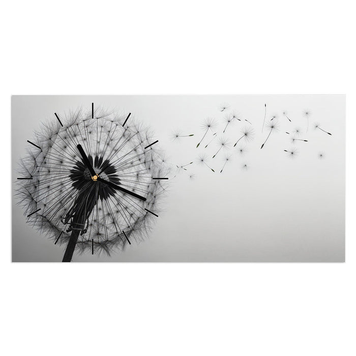 Wanduhr Pusteblume im Wind aus Glas – Querformat 60 × 30 cm mit Ziffernblatt Linie